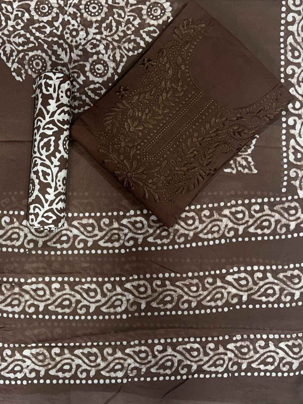 Bombay Batik Pure Cotton Dress Material Handcrafted Fusion of Batik & Lucknowi Art – Lakda Brown Batik