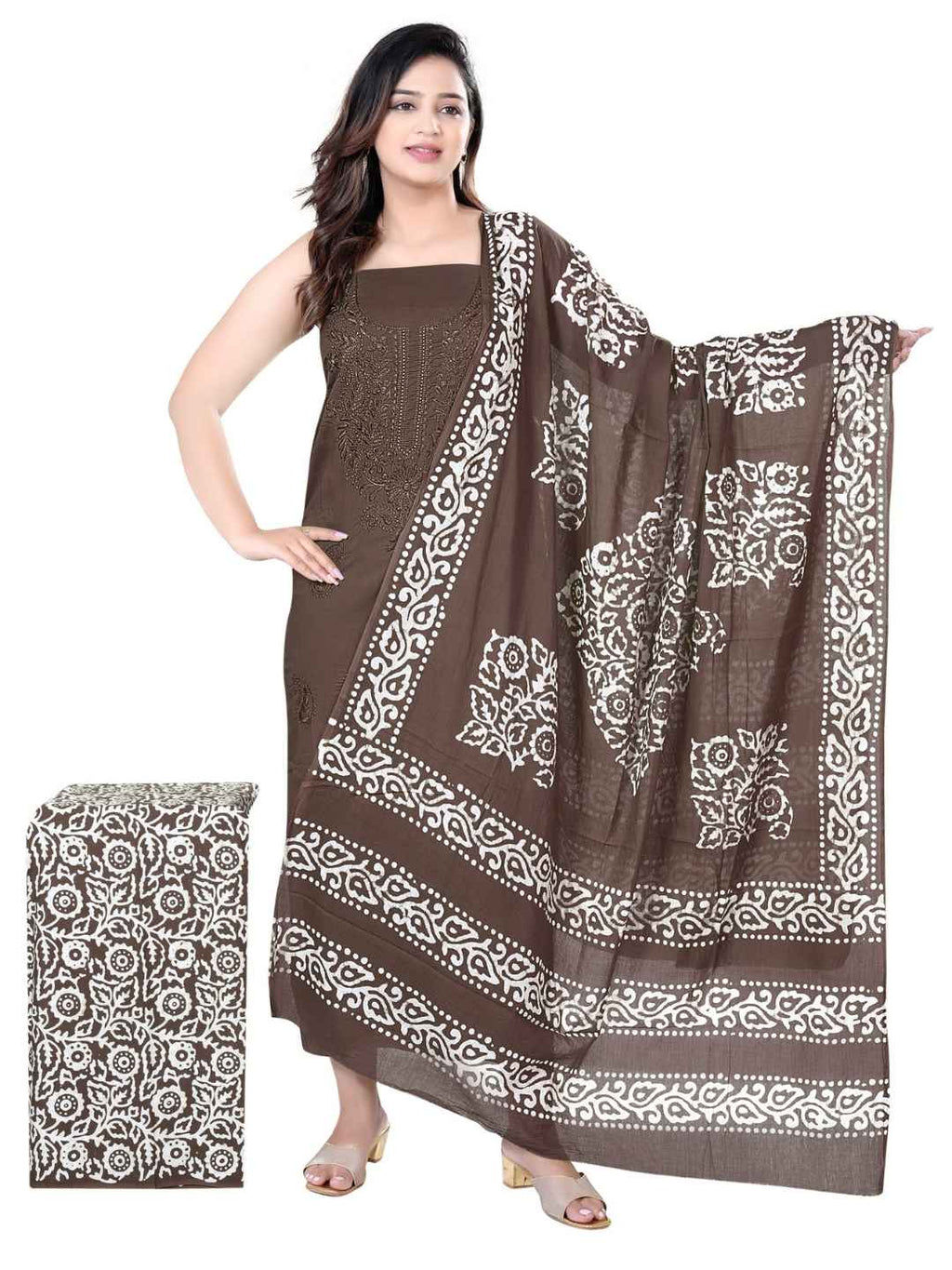 Bombay Batik Pure Cotton Dress Material Handcrafted Fusion of Batik & Lucknowi Art – Lakda Brown Batik