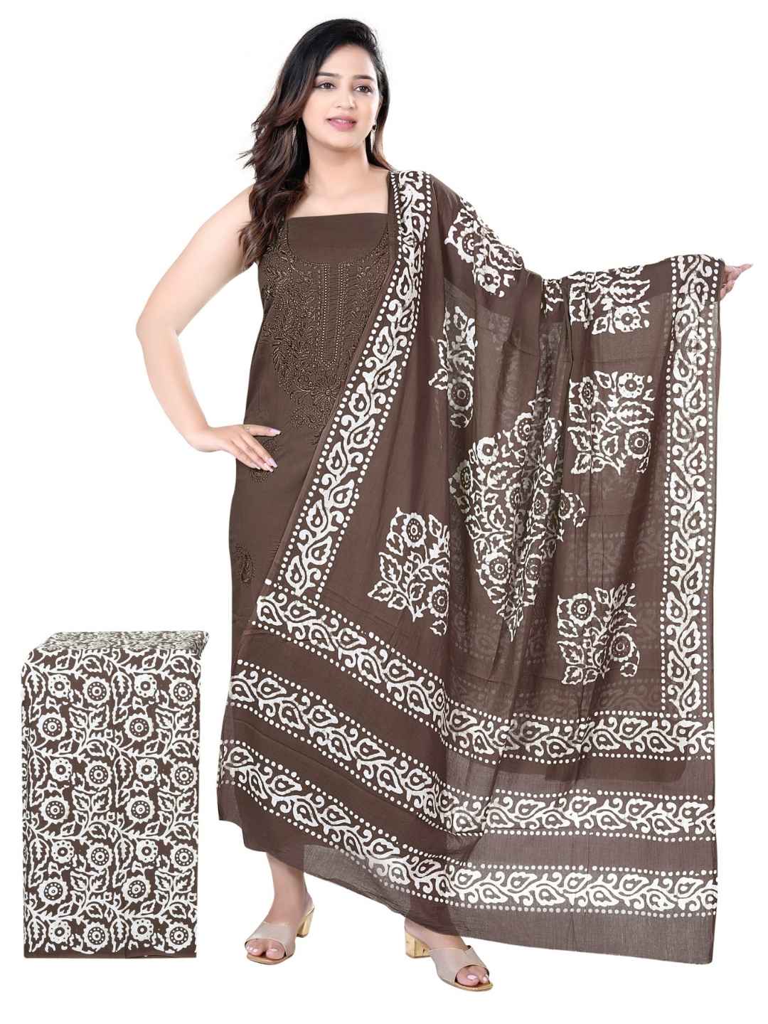 Bombay Batik Pure Cotton Dress Material Handcrafted Fusion of Batik & Lucknowi Art – Lakda Brown Batik