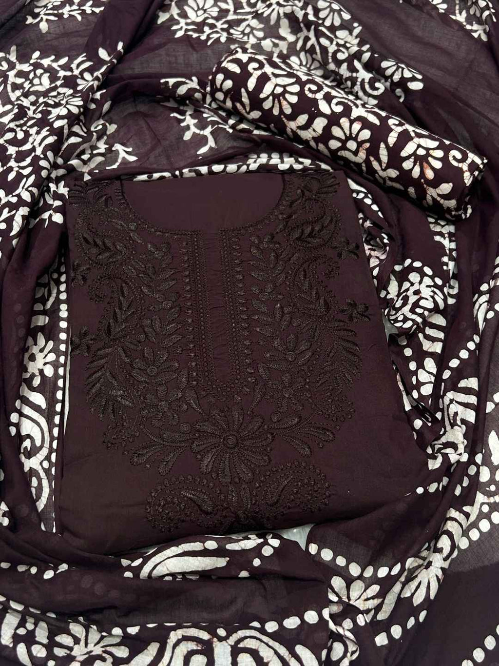 Bombay Batik Pure Cotton Lucknowi Dress Material Batik Handwork – Cofee Colour