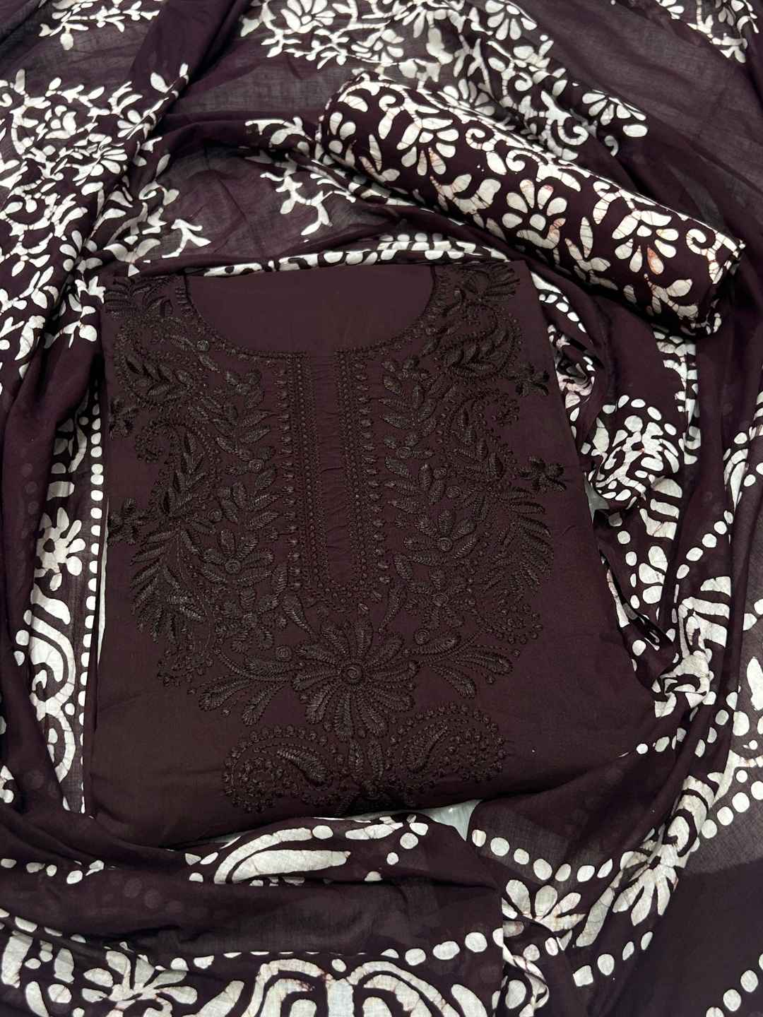 Bombay Batik Pure Cotton Lucknowi Dress Material Batik Handwork – Cofee Colour