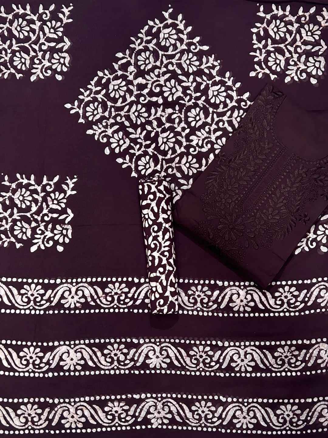 Bombay Batik Pure Cotton Lucknowi Dress Material Batik Handwork – Cofee Colour