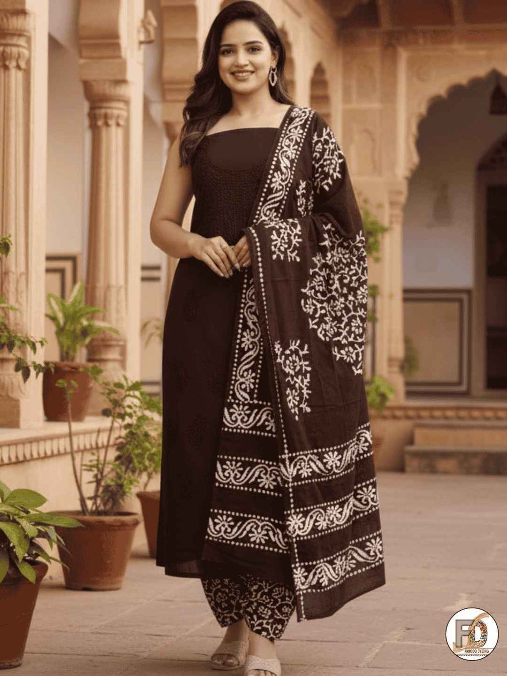 Bombay Batik Pure Cotton Lucknowi Dress Material Batik Handwork – Cofee Colour