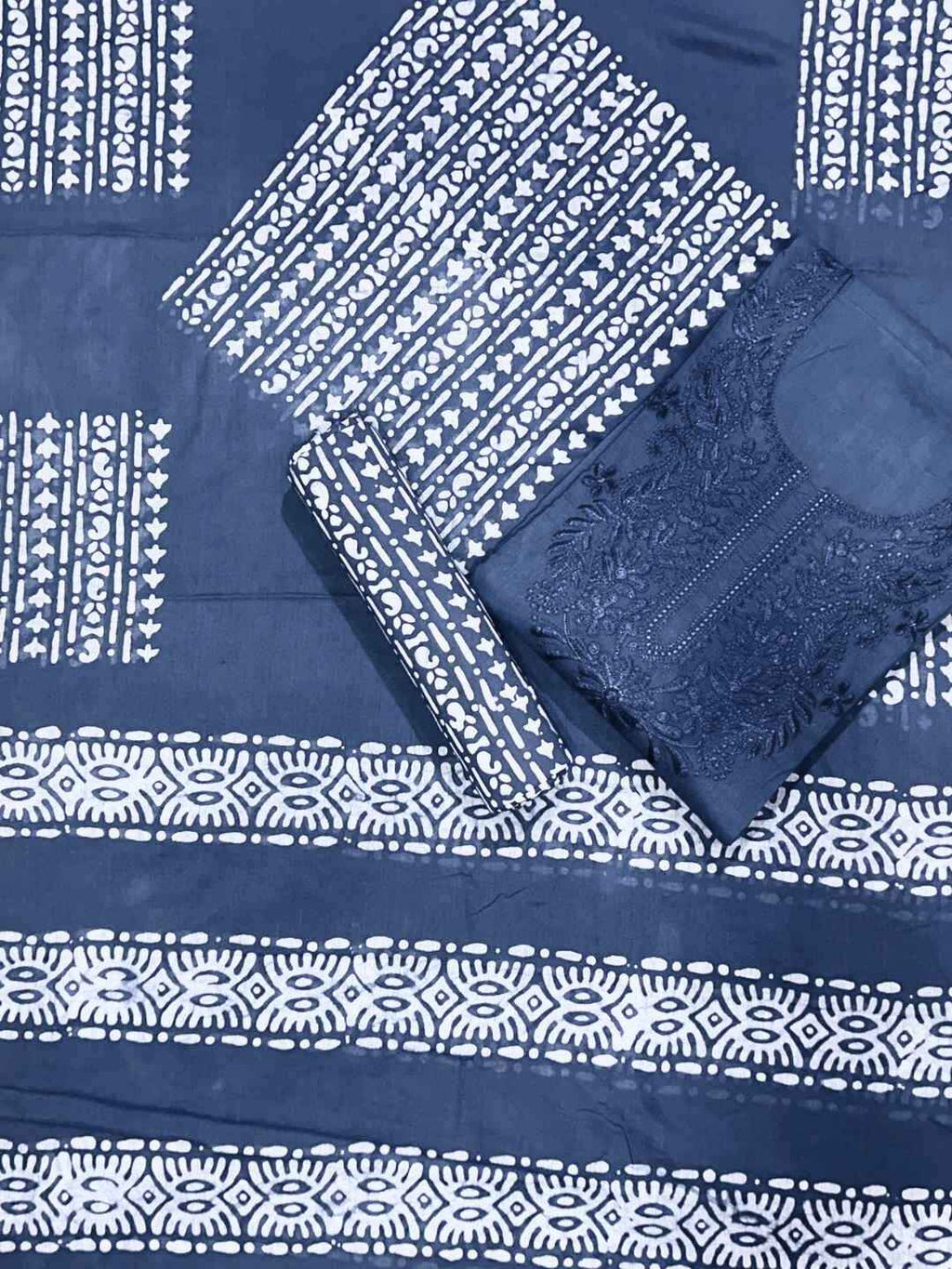 Bombay Batik Pure Cotton Lucknowi Dress Material Batik Handwork – Grey Colour (FD-DM-LK-GY-KJ)