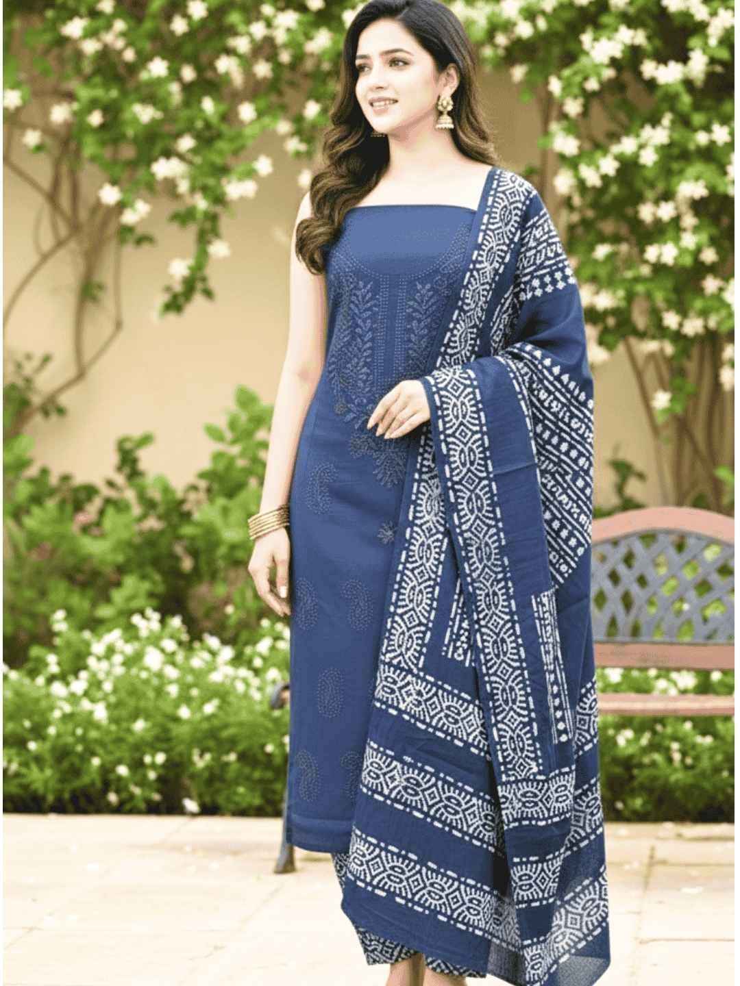 Bombay Batik Pure Cotton Lucknowi Dress Material Batik Handwork – Grey Colour (FD-DM-LK-GY-KJ)