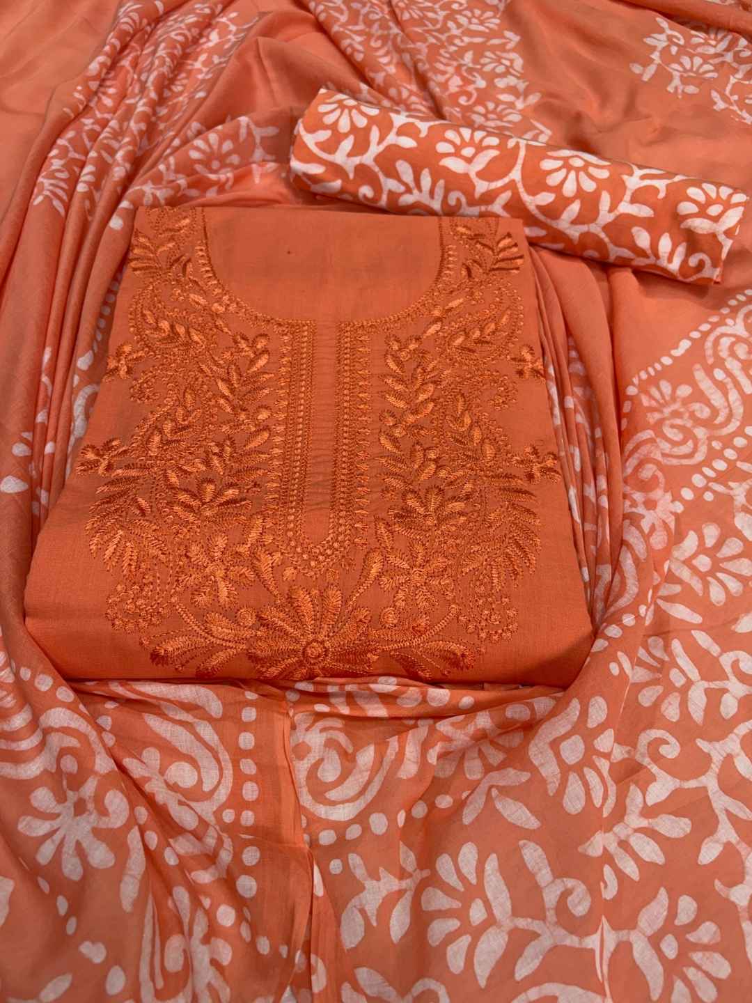Bombay Batik Women's Pure Cotton Hand Dyed Lucknowi Batik Dress Material with Cotton Dupatta (Peach) | Dress Material for Women