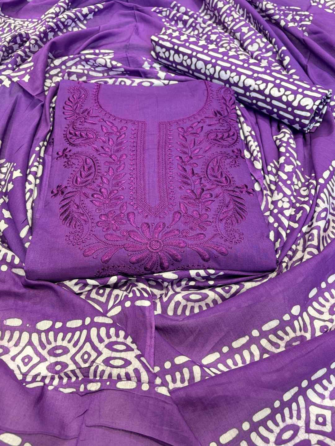 Bombay Batik Women's Pure Cotton Hand Dyed Lucknowi Batik Dress Material with Cotton Dupatta (Lavender ) | Dress Material for Women