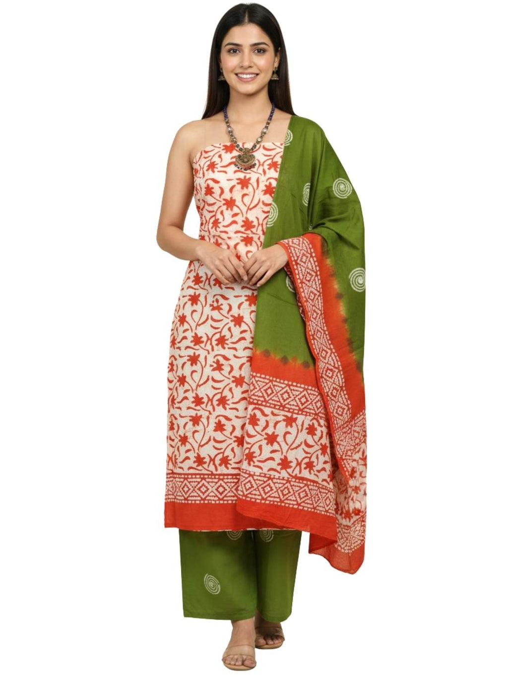 Bombay Batik Pure Cotton Dress Material Heritage Hand Batik Art – Orange Mehndi Colour