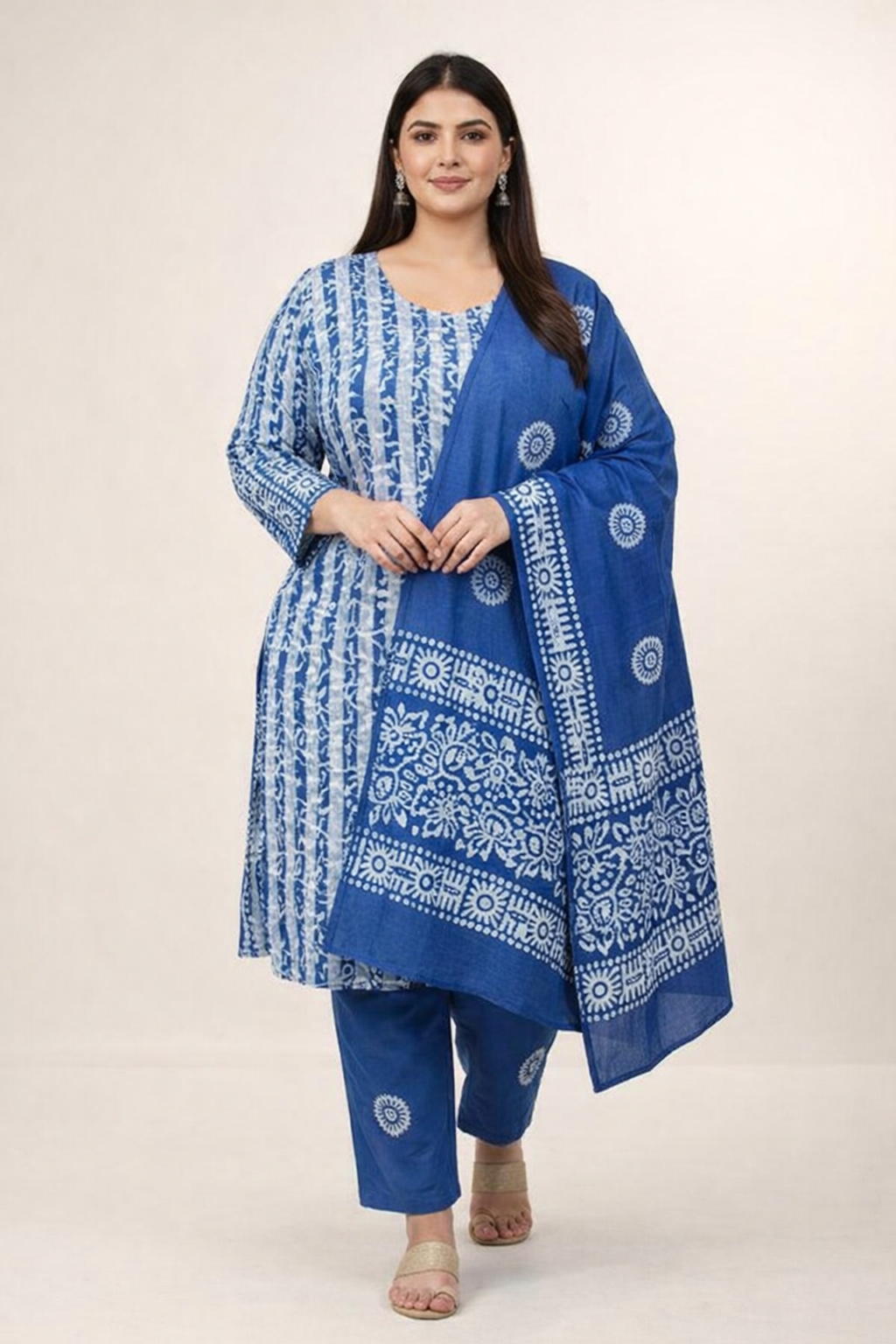 Blue Floral Cotton Batik Print Plus Size Dress Material
