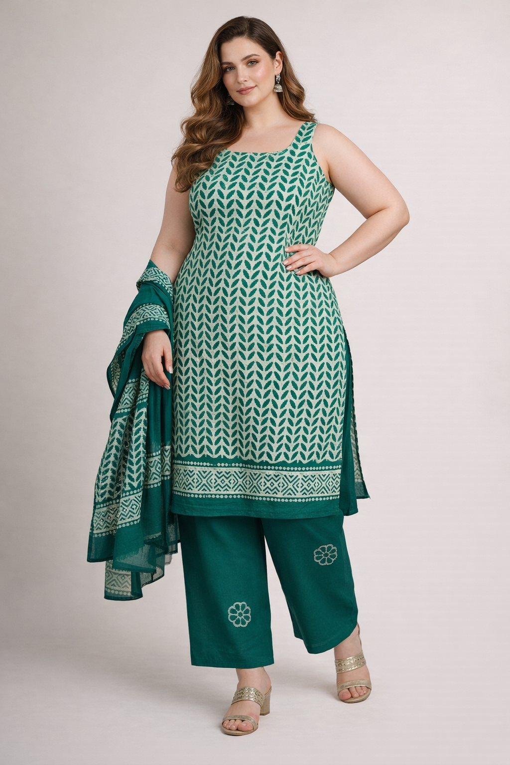 Green Smooth Cotton Batik Print Plus Size Dress Material