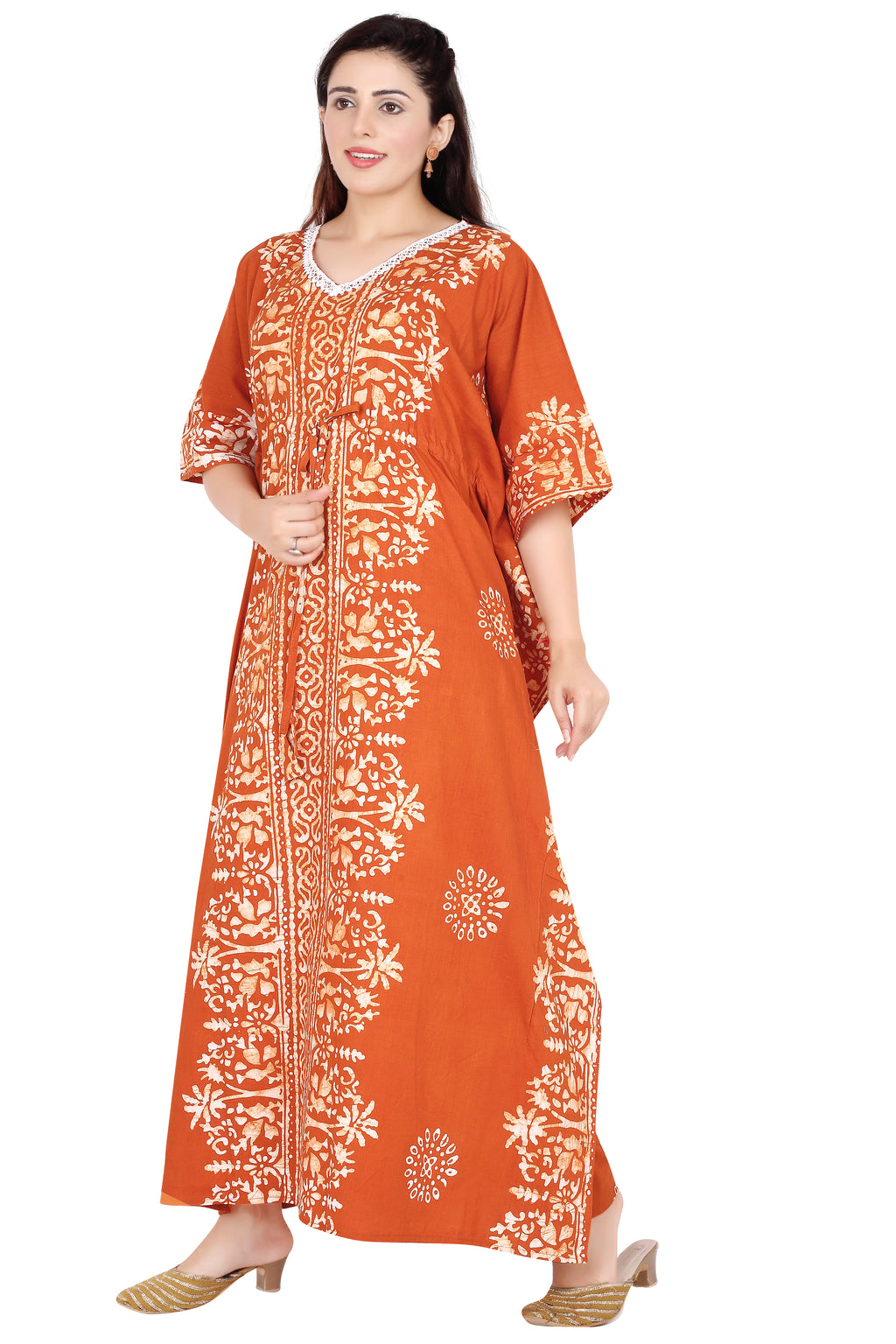 Bombay Batik Pure Cotton Kaftan Hand Block Printing – Brown Colour