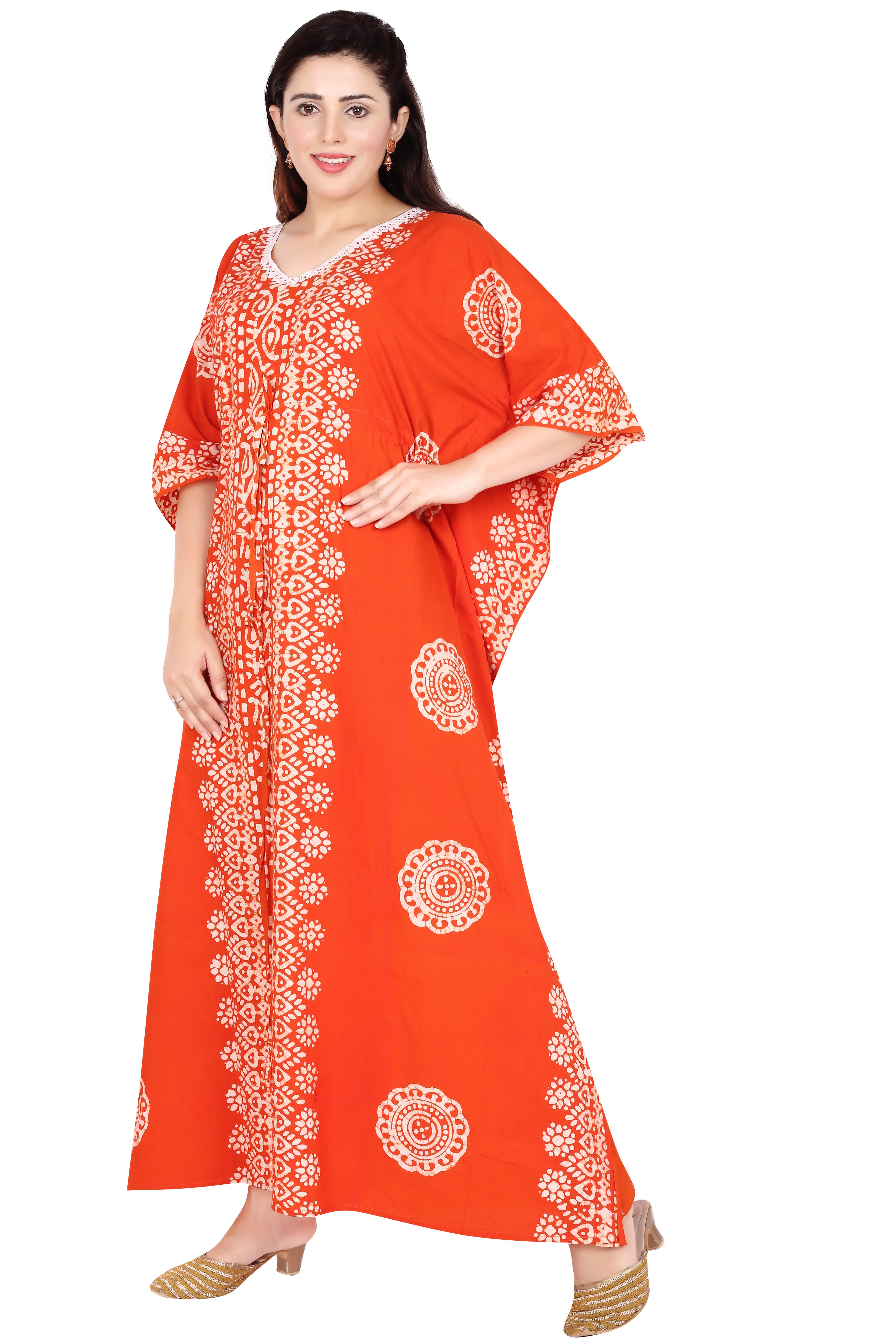 Bombay Batik Pure Cotton Kaftan Hand Block Printing – Orange Colour