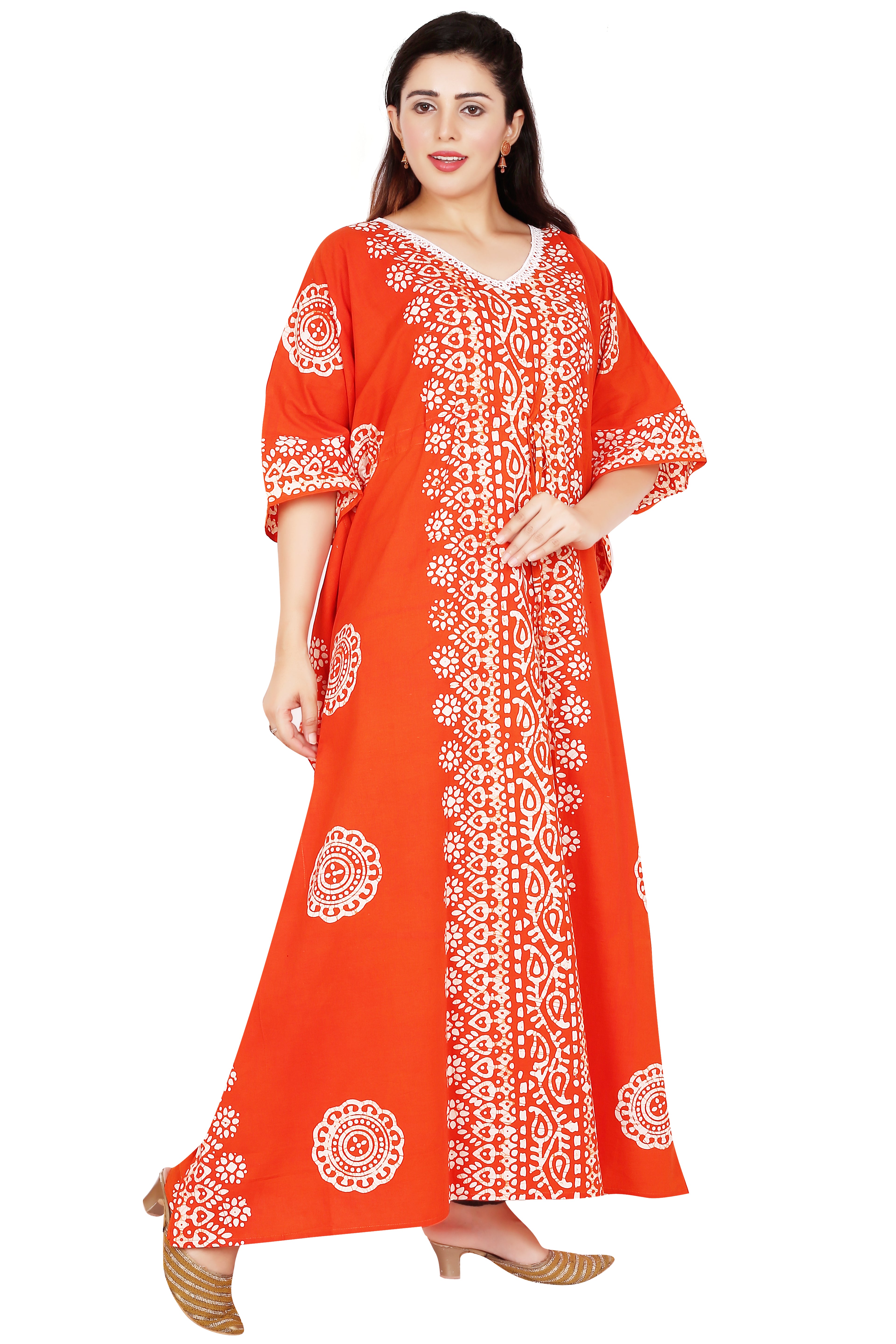 Bombay Batik Pure Cotton Kaftan Hand Block Printing – Orange Colour