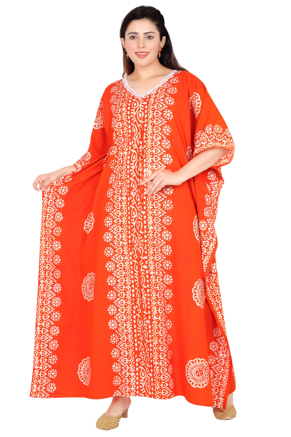 Bombay Batik Pure Cotton Kaftan Hand Block Printing – Orange Colour