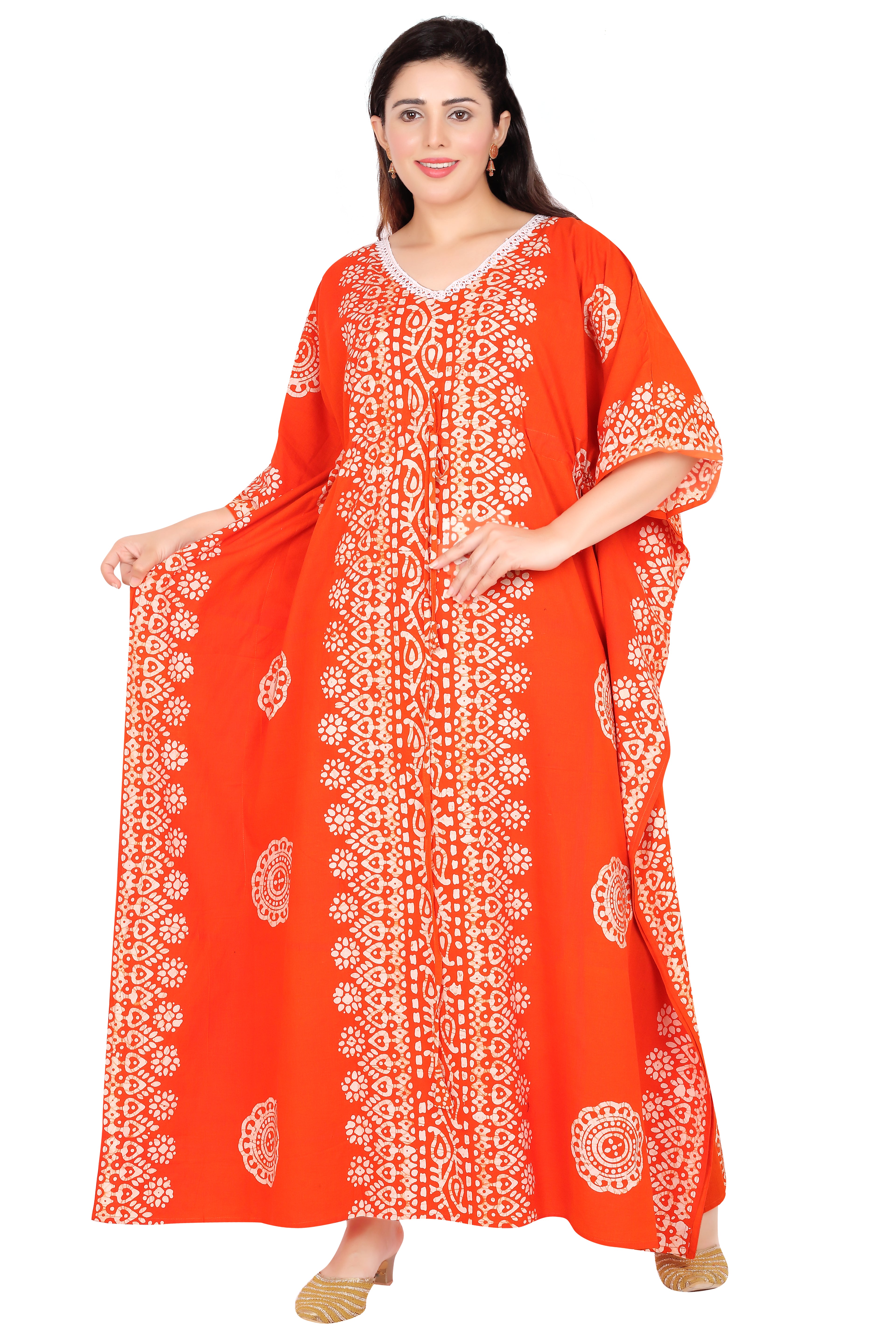 Bombay Batik Pure Cotton Kaftan Hand Block Printing – Orange Colour