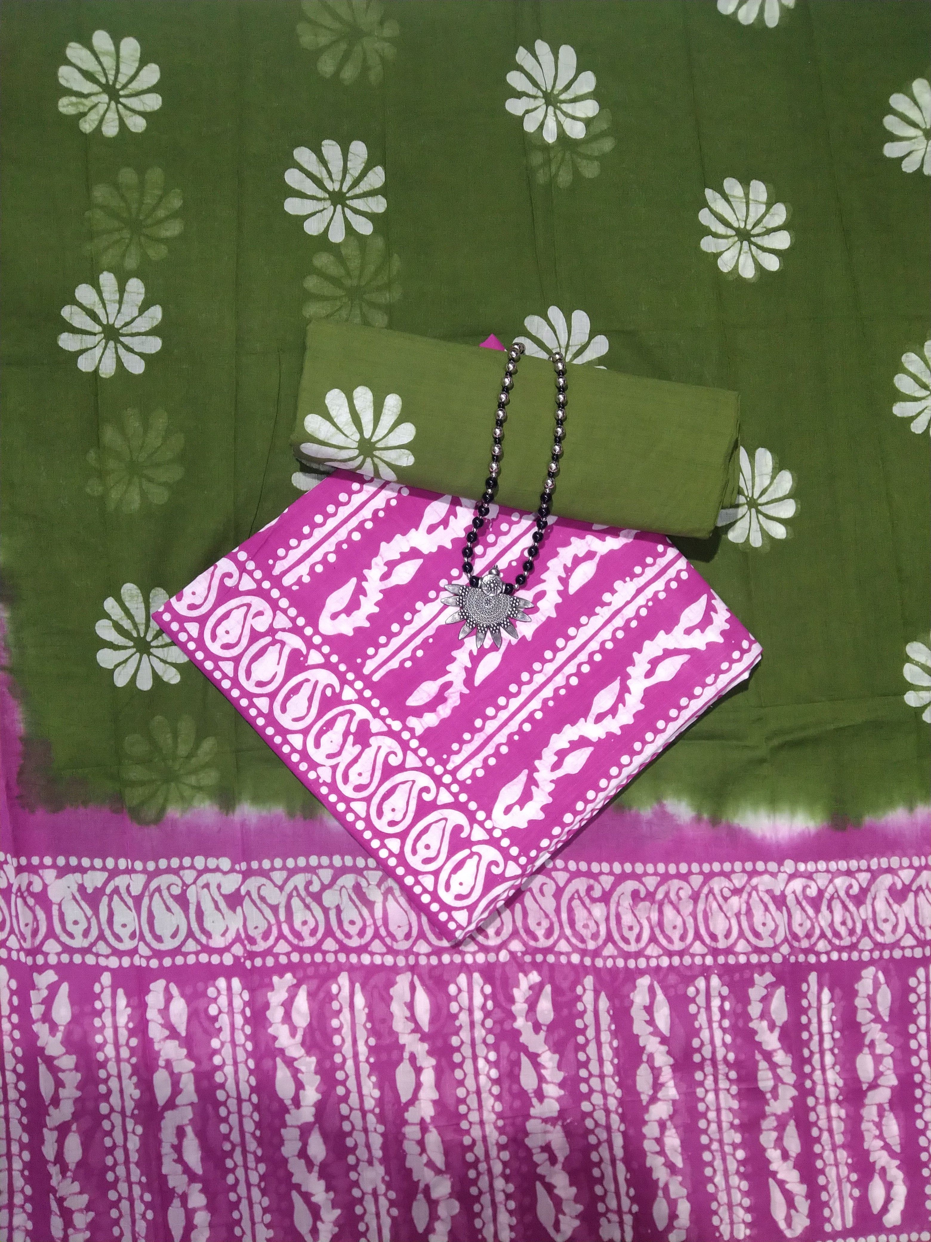 Bombay Batik Pure Cotton Dress Material Batik Handwork – Magenta Mehndi Colour