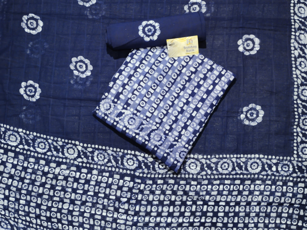 Navy Blue Printed Cotton Dress Material With Dupatta