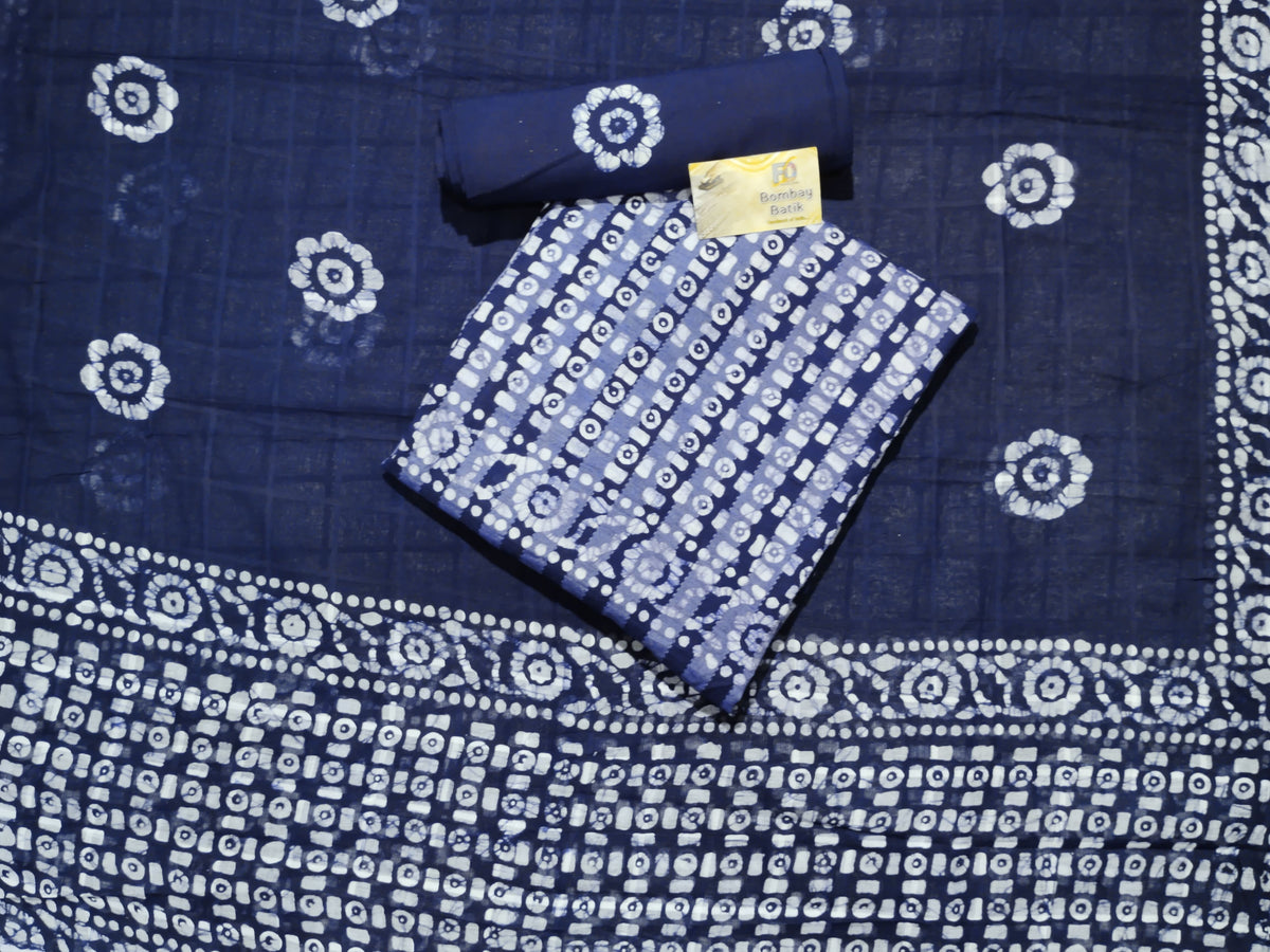 Navy Blue Printed Cotton Dress Material With Dupatta