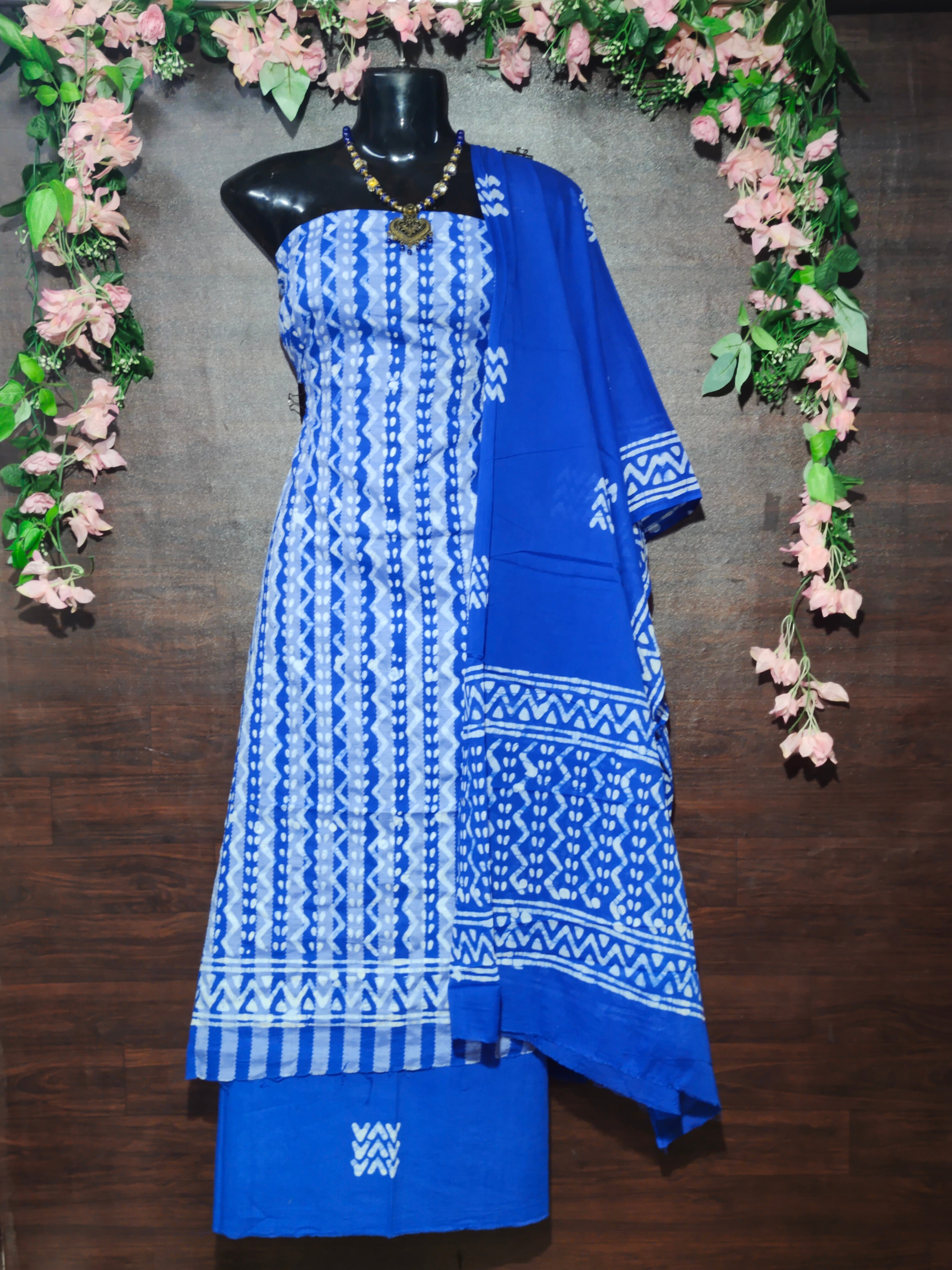 Blue Ethnic Batik Print Cotton Dress Material With Dupatta