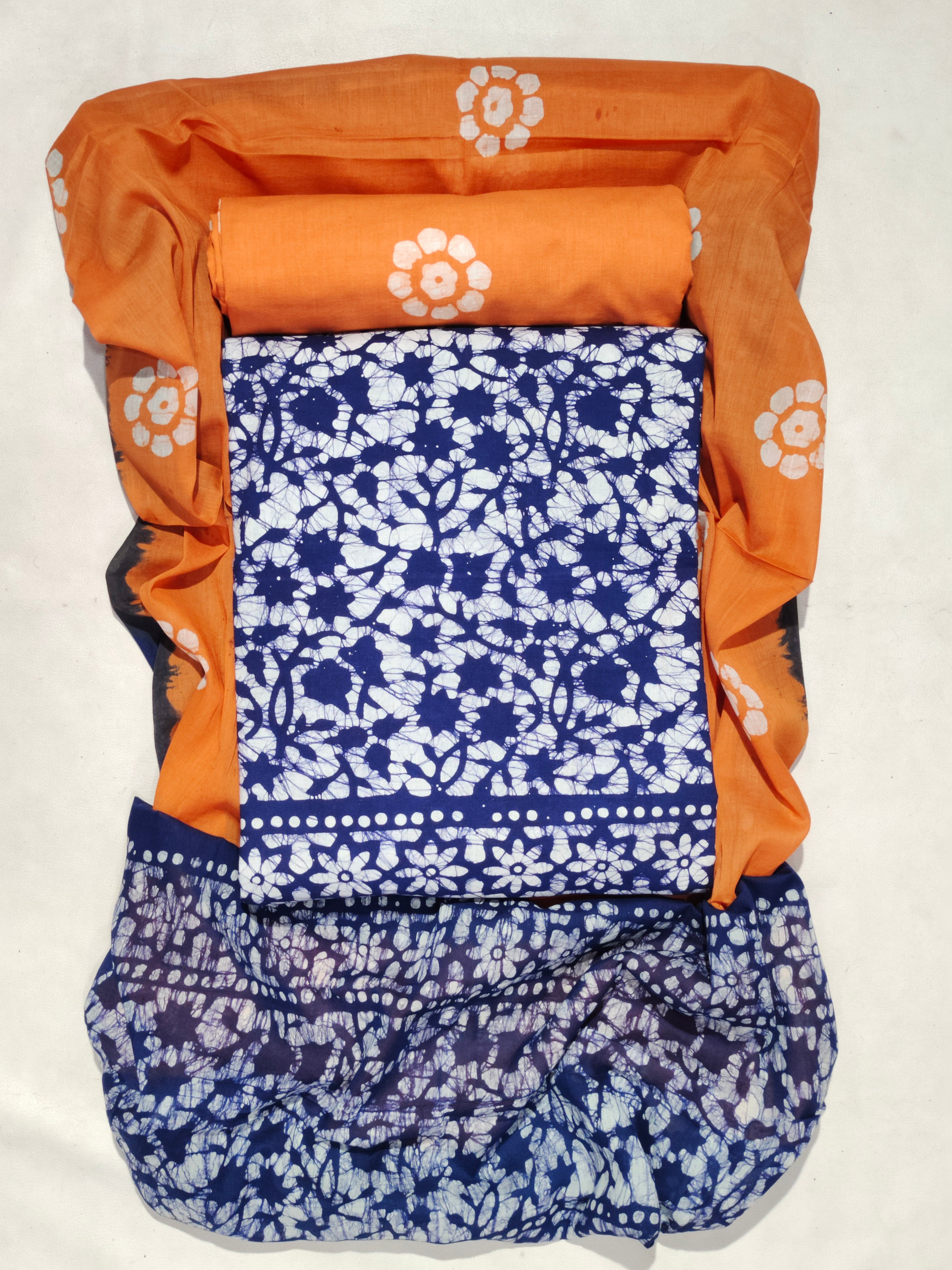 Navy Blue & Peach Unstitched  Batik Print Churidar Material With Dupatta