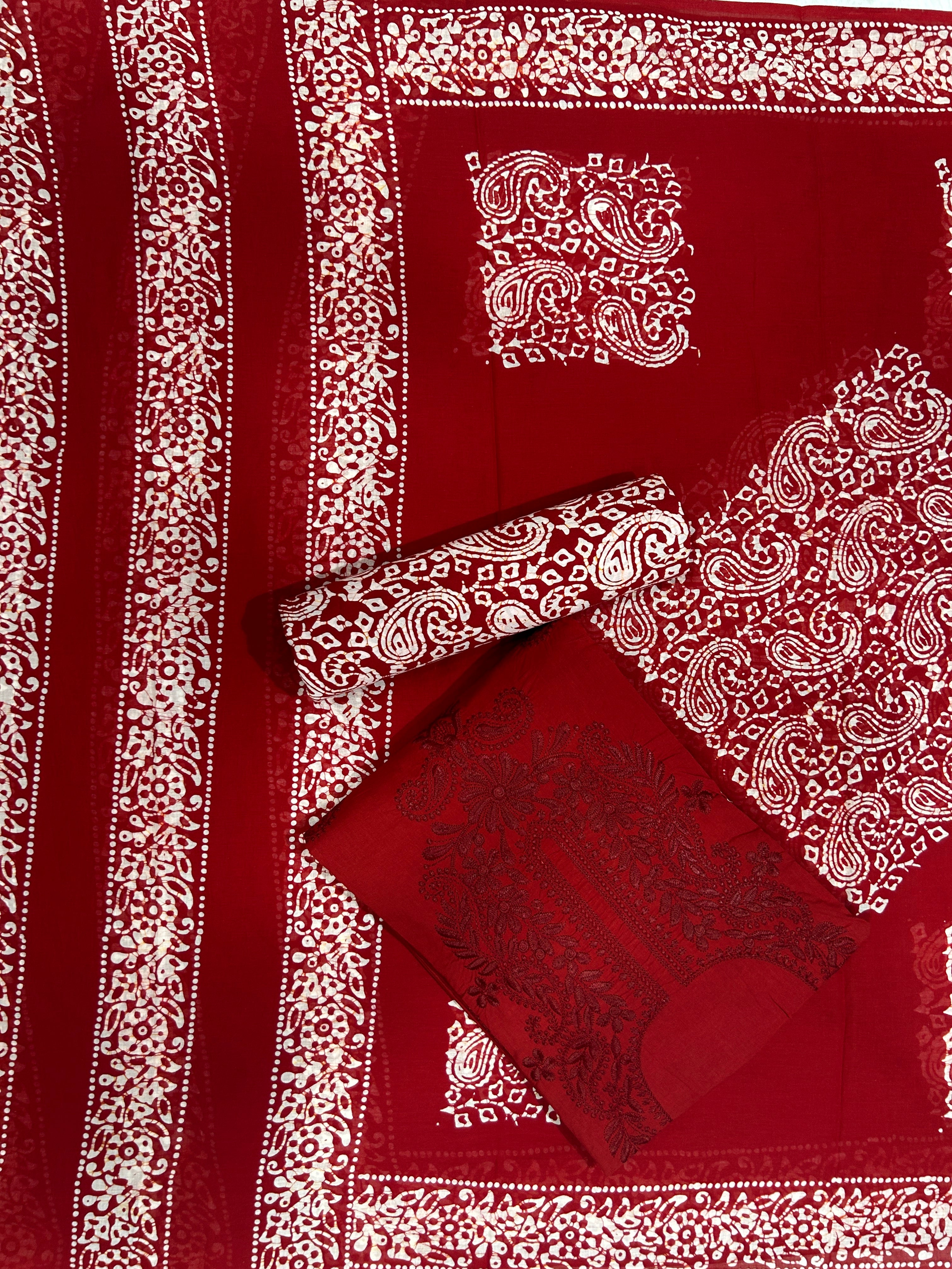 Bombay Batik Pure Cotton Dress Material Ethnic Batik Fabric with Lucknowi Touch – Red   Batik