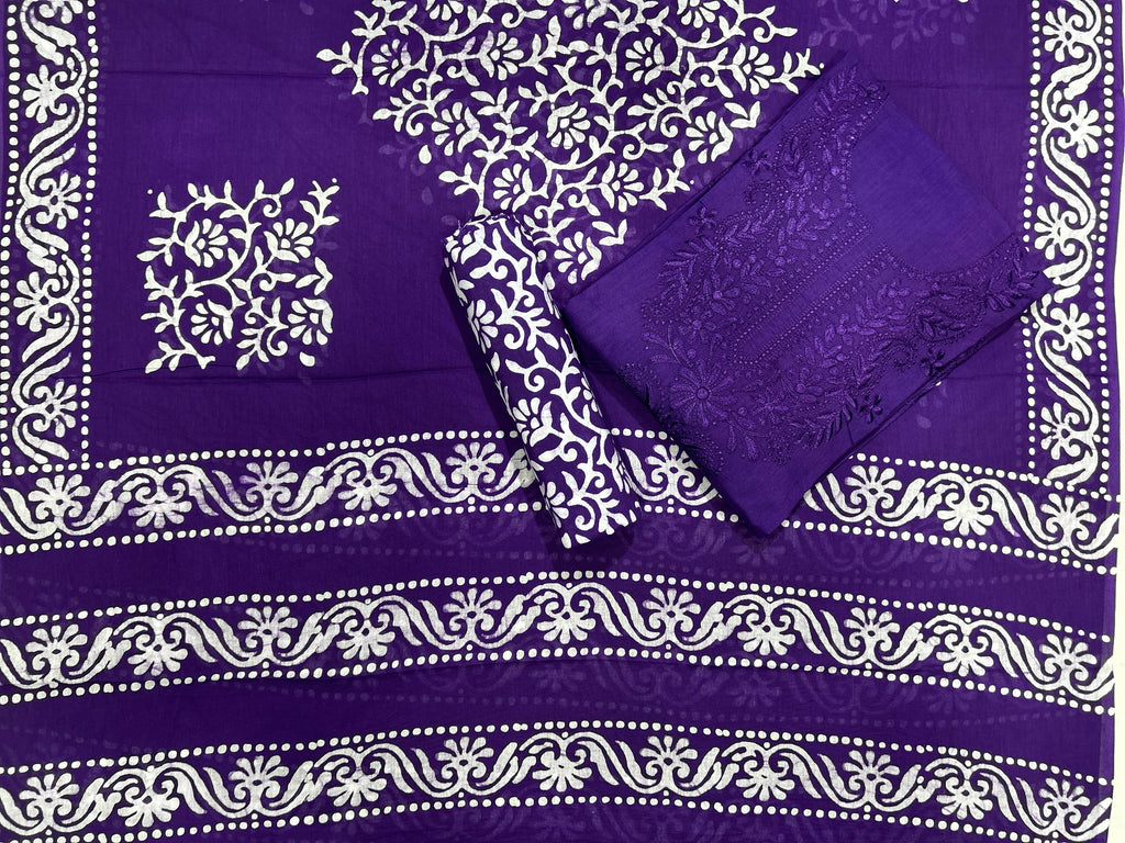 Bombay Batik Pure Cotton Dress Material Artisanal Batik & Lucknowi Detailing – Purple Batik