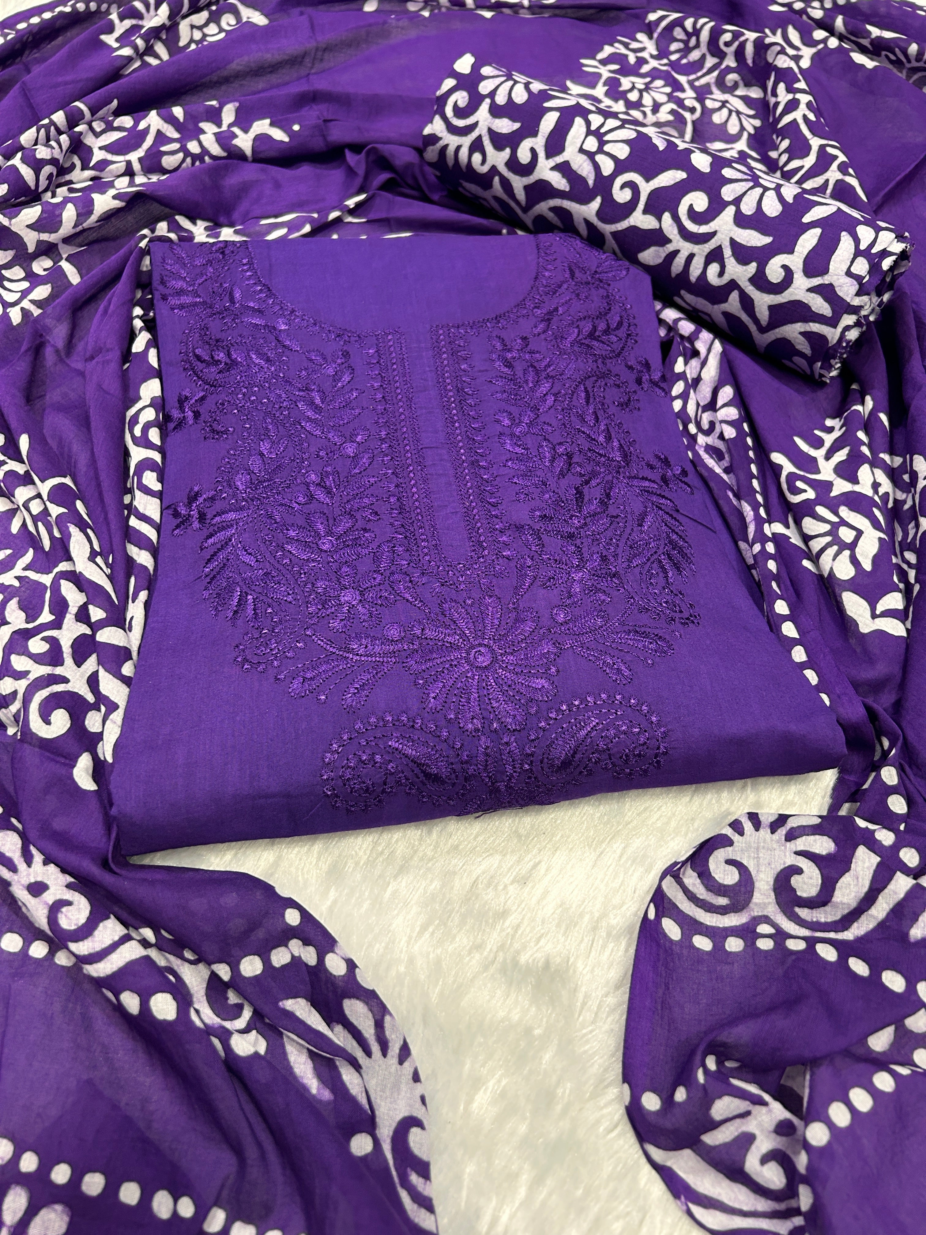 Bombay Batik Pure Cotton Dress Material Artisanal Batik & Lucknowi Detailing – Purple Batik