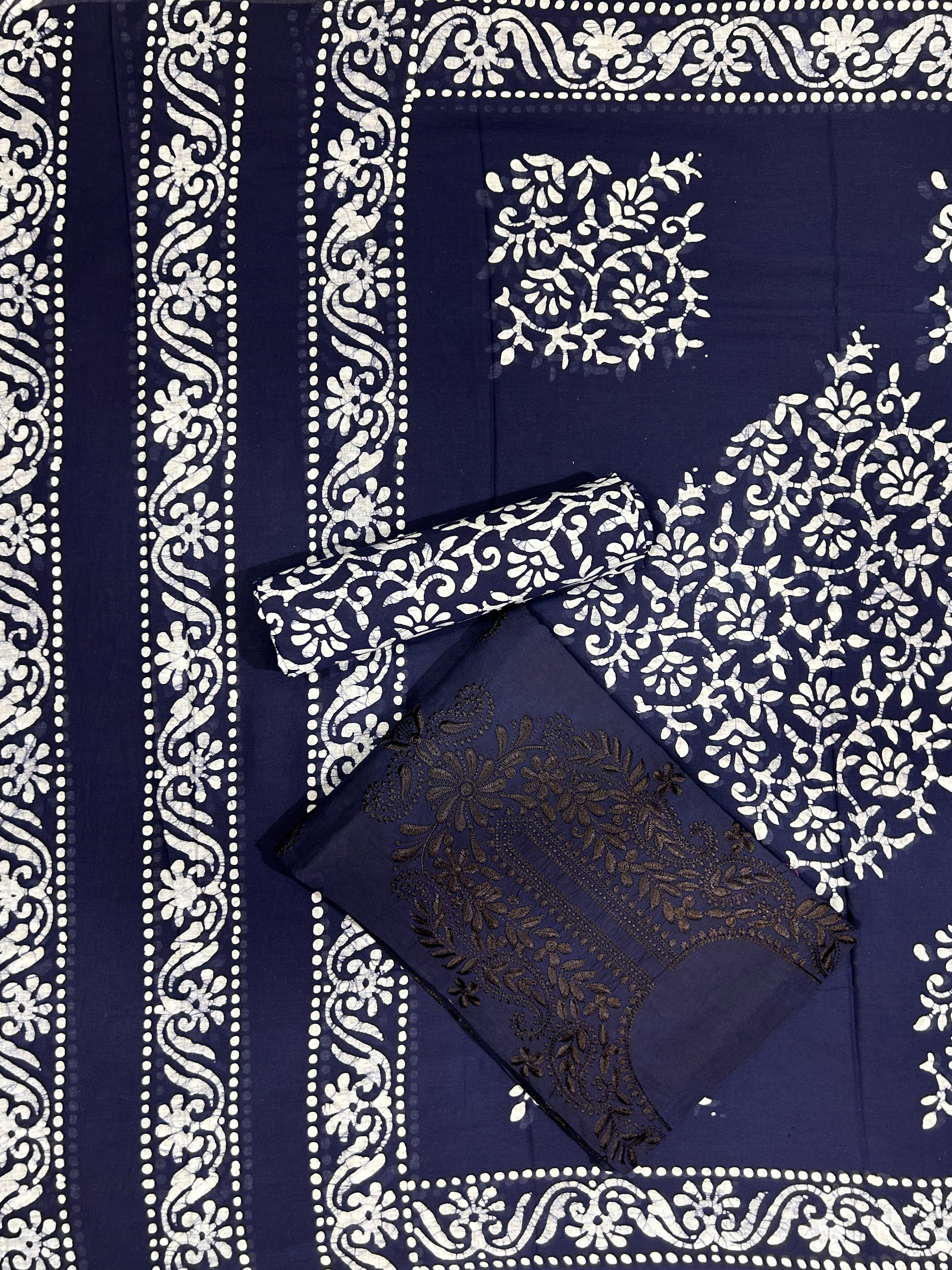 Bombay Batik Pure Cotton Dress Material Batik with Lucknowi-Inspired Embroidery Motifs – Navy Blue Batik