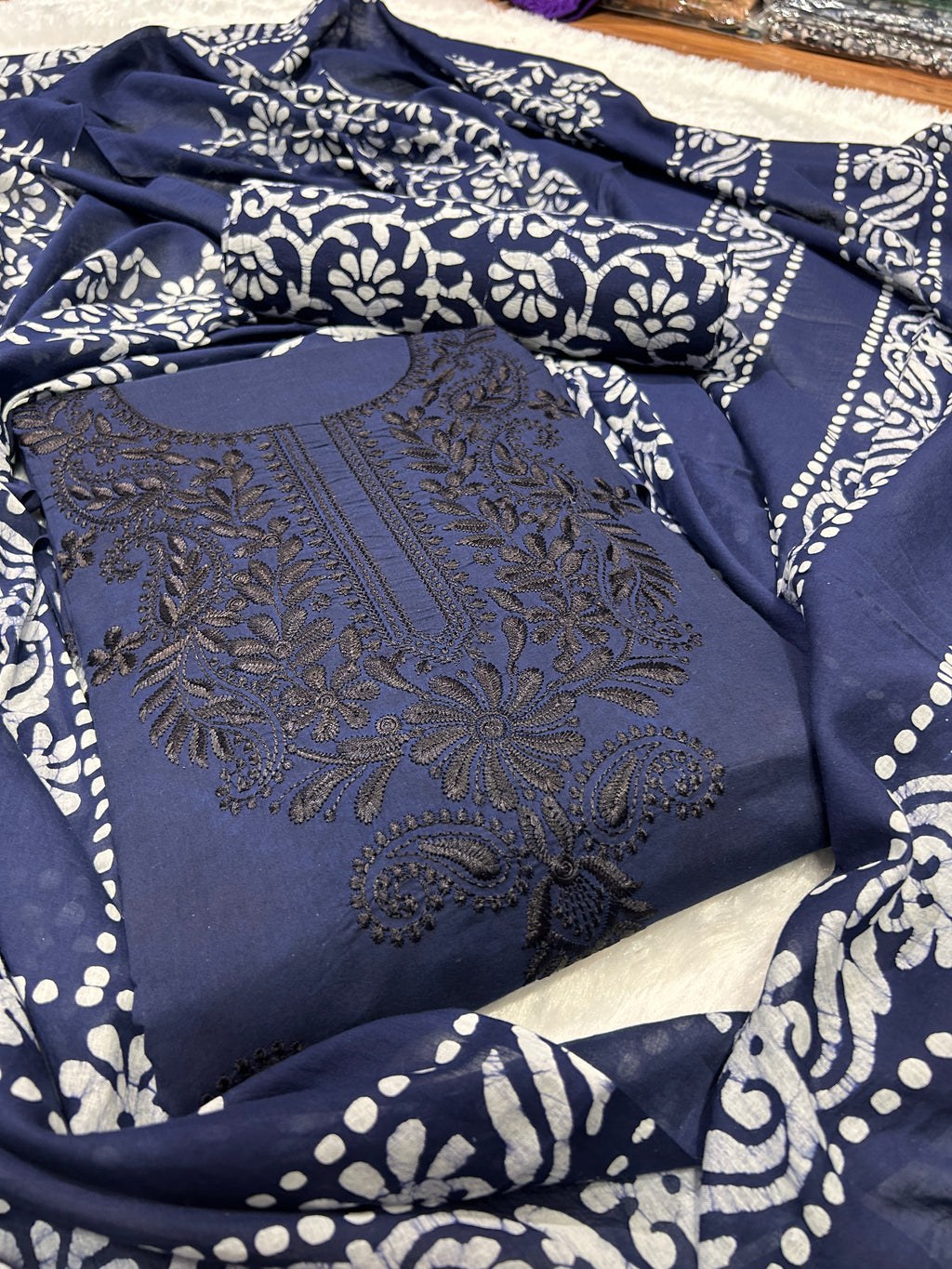 Bombay Batik Pure Cotton Dress Material Batik with Lucknowi-Inspired Embroidery Motifs – Navy Blue Batik