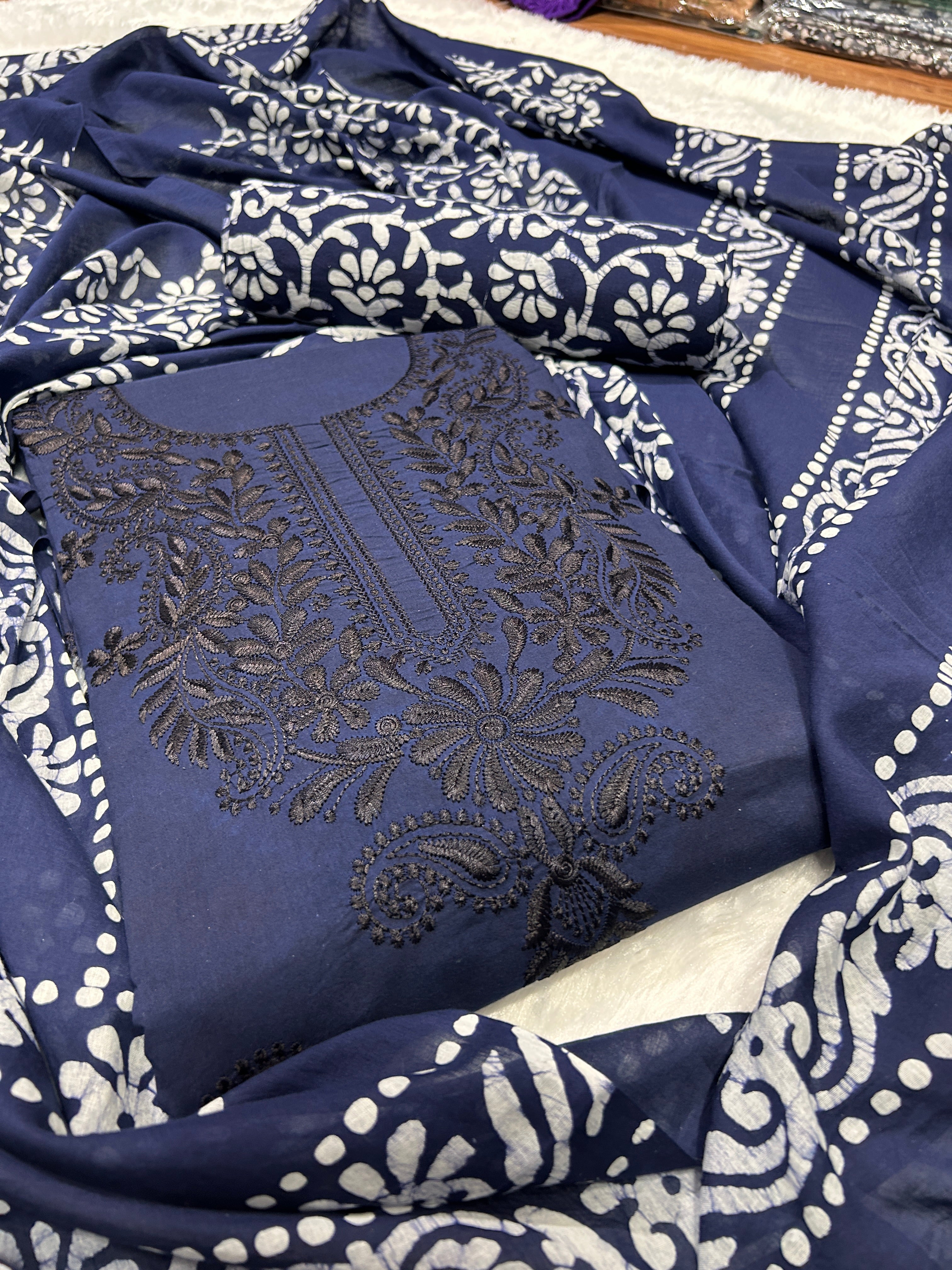 Bombay Batik Pure Cotton Dress Material Batik with Lucknowi-Inspired Embroidery Motifs – Navy Blue Batik
