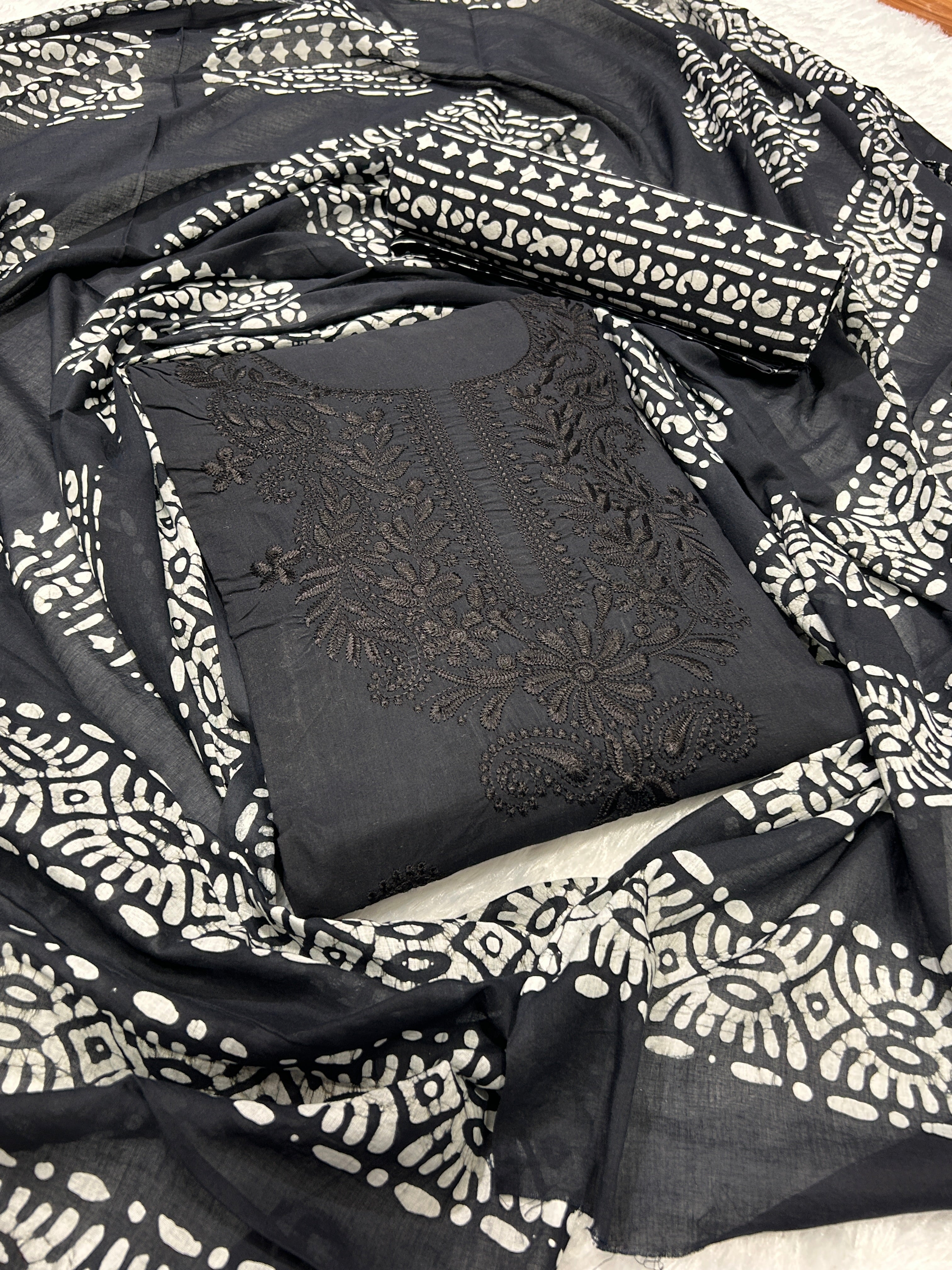 Bombay Batik Pure Cotton Dress Material Artisanal Batik & Lucknowi Detailing – Black Batik
