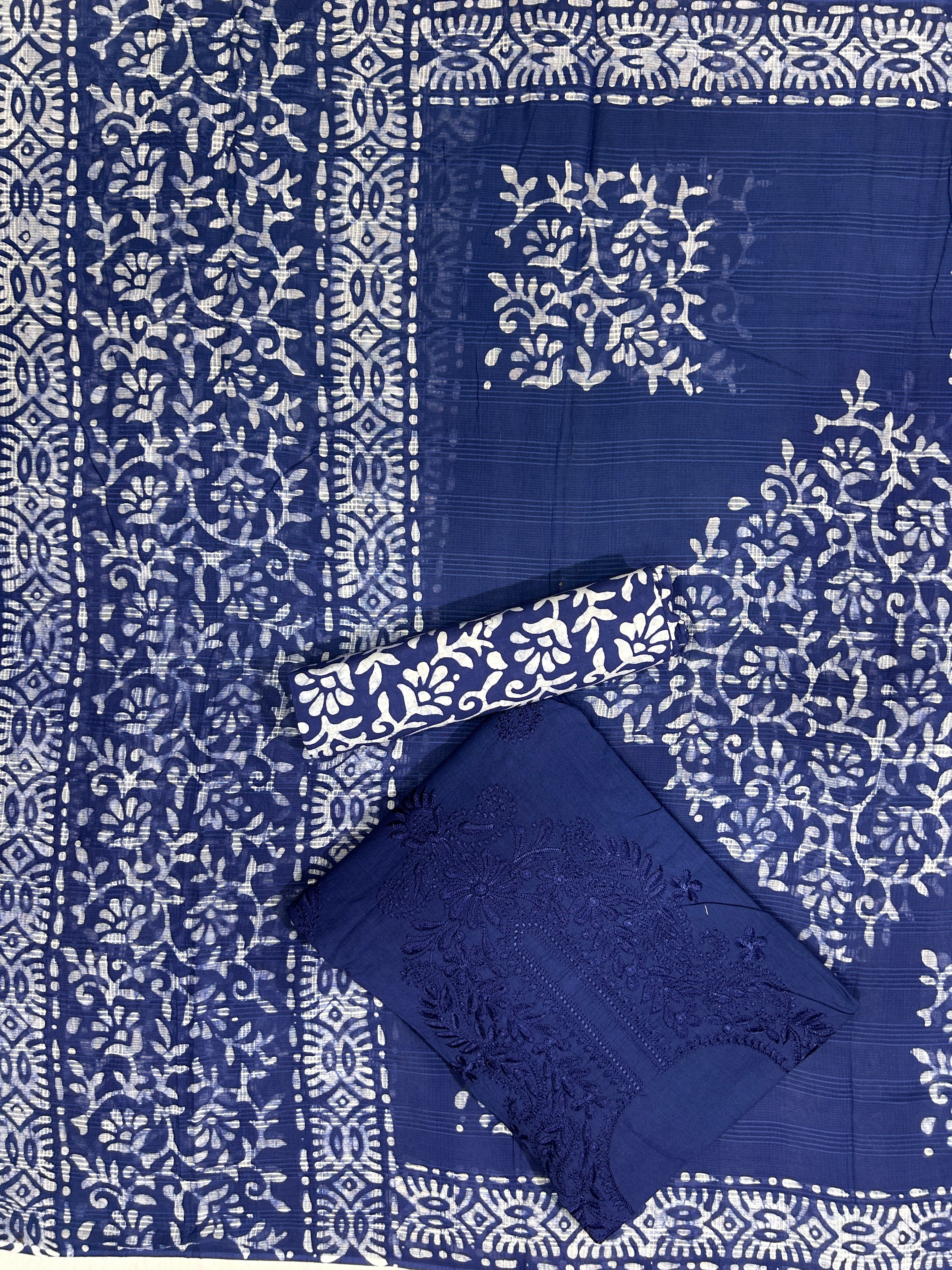 Bombay Batik Pure Cotton Dress Material Hand-Dyed Batik with Lucknowi Motifs – Indigo Batik