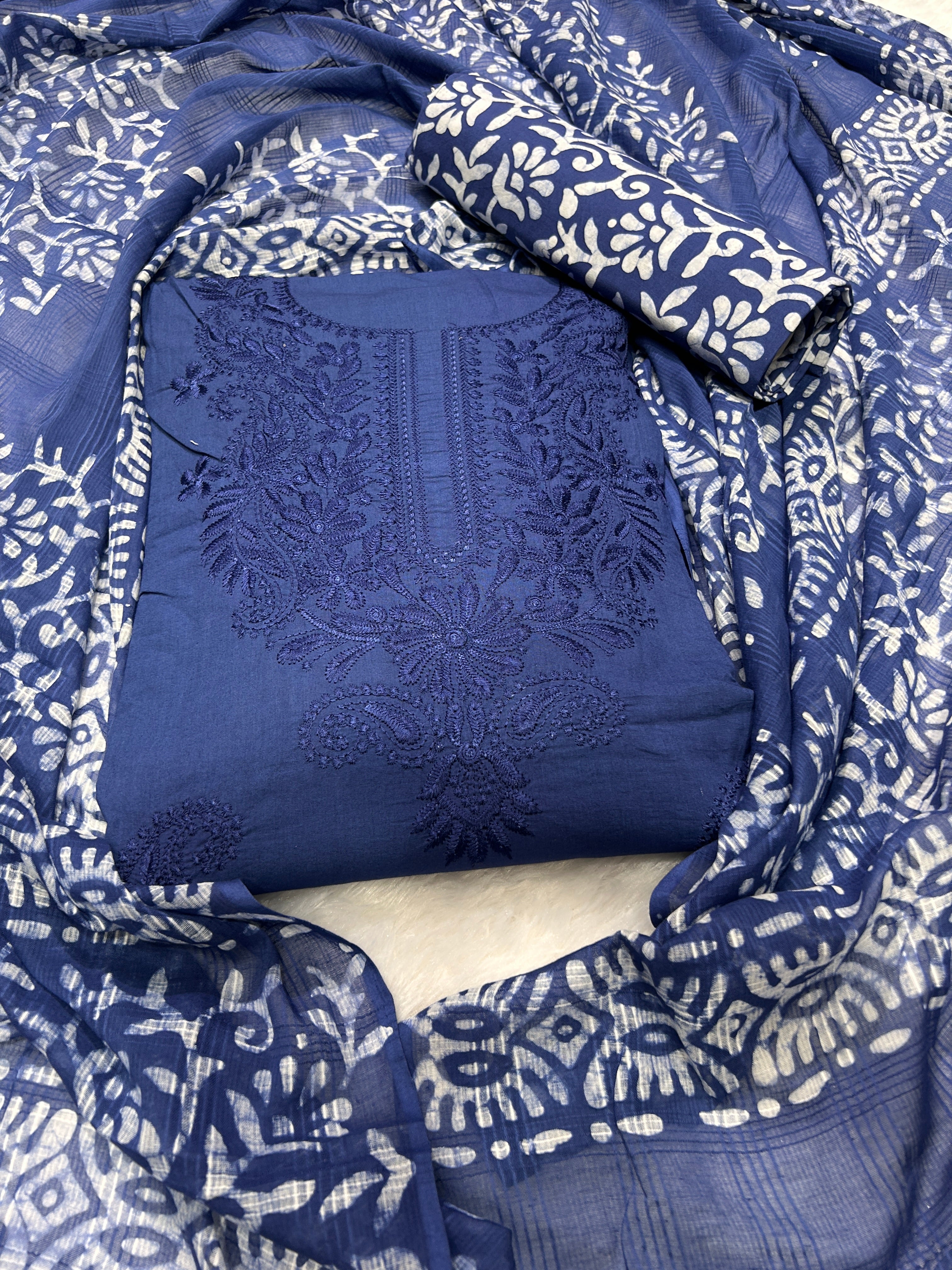 Bombay Batik Pure Cotton Dress Material Hand-Dyed Batik with Lucknowi Motifs – Indigo Batik
