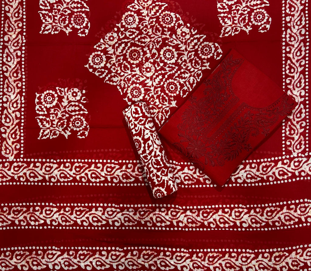 Bombay Batik Pure Cotton Dress Material Ethnic Batik Fabric with Lucknowi Touch – Red   Batik