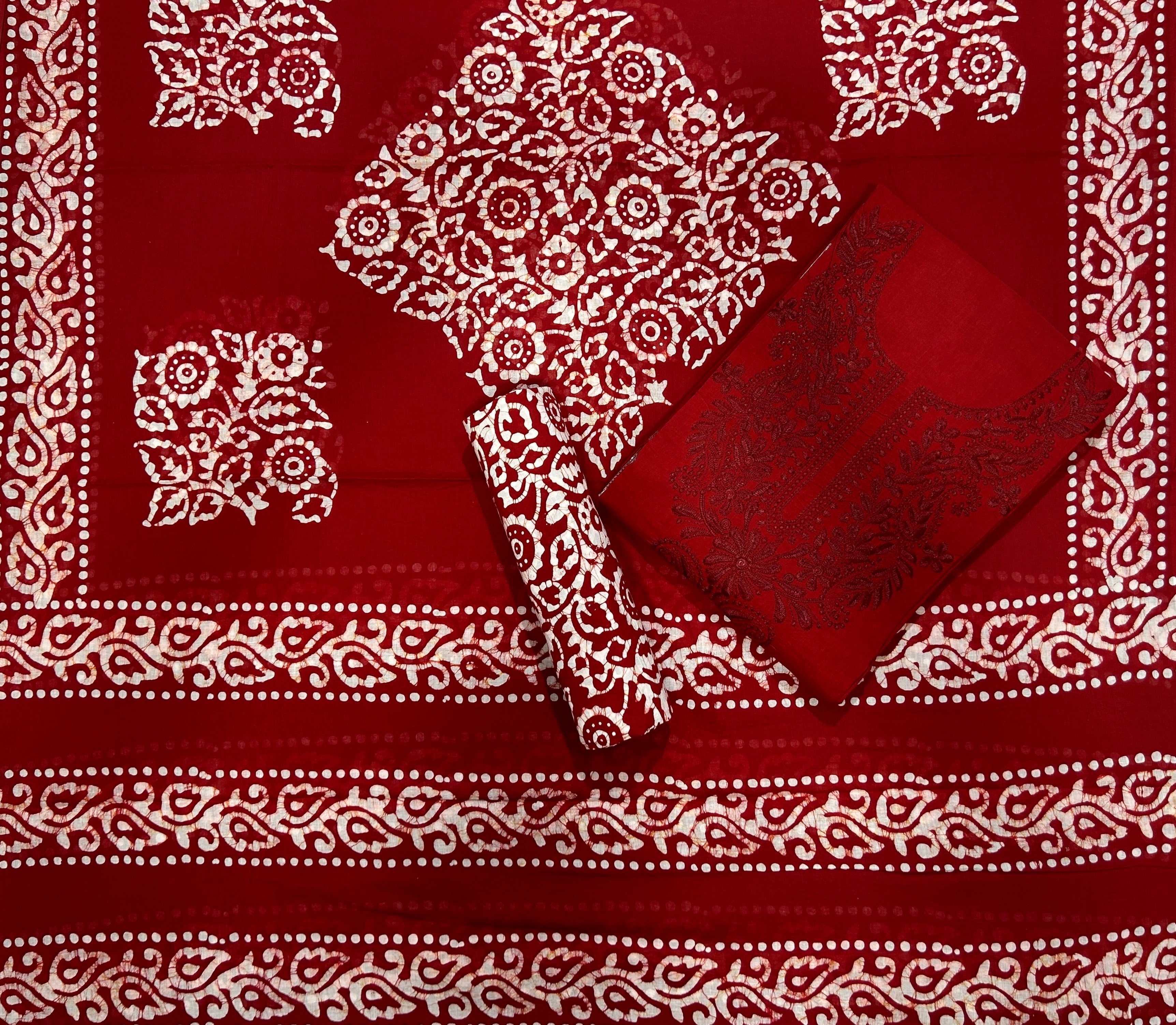 Bombay Batik Pure Cotton Dress Material Ethnic Batik Fabric with Lucknowi Touch – Red   Batik