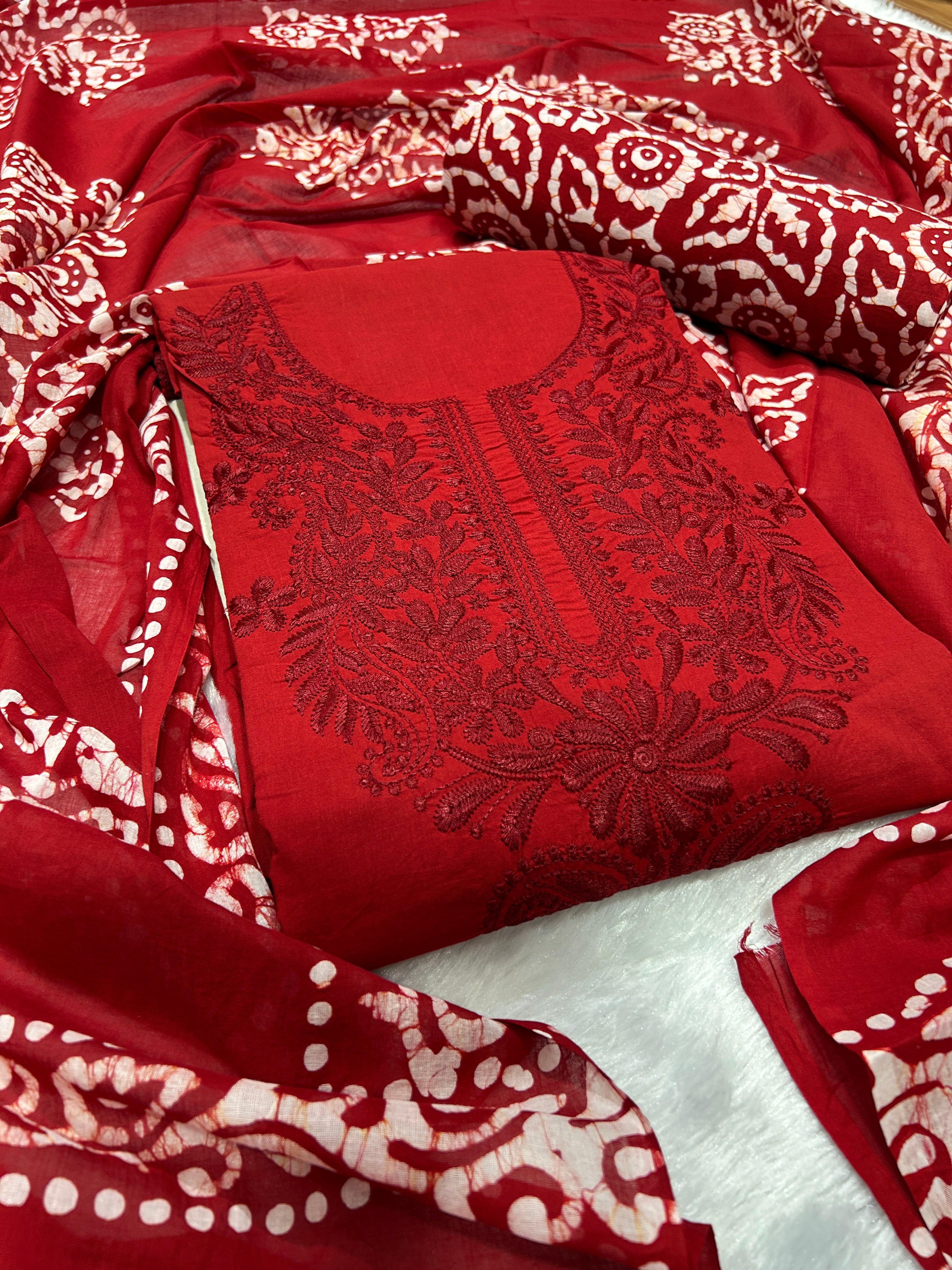 Bombay Batik Pure Cotton Dress Material Ethnic Batik Fabric with Lucknowi Touch – Red   Batik