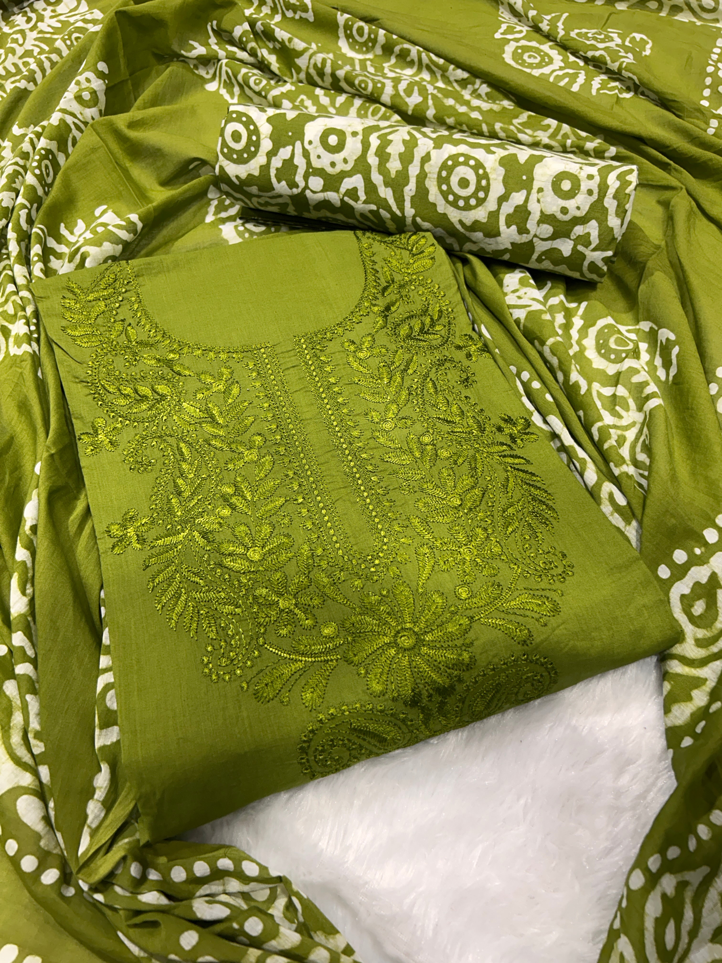 Bombay Batik Pure Cotton Dress Material Batik Textile Art with Lucknowi Motifs – Mehndi Batik