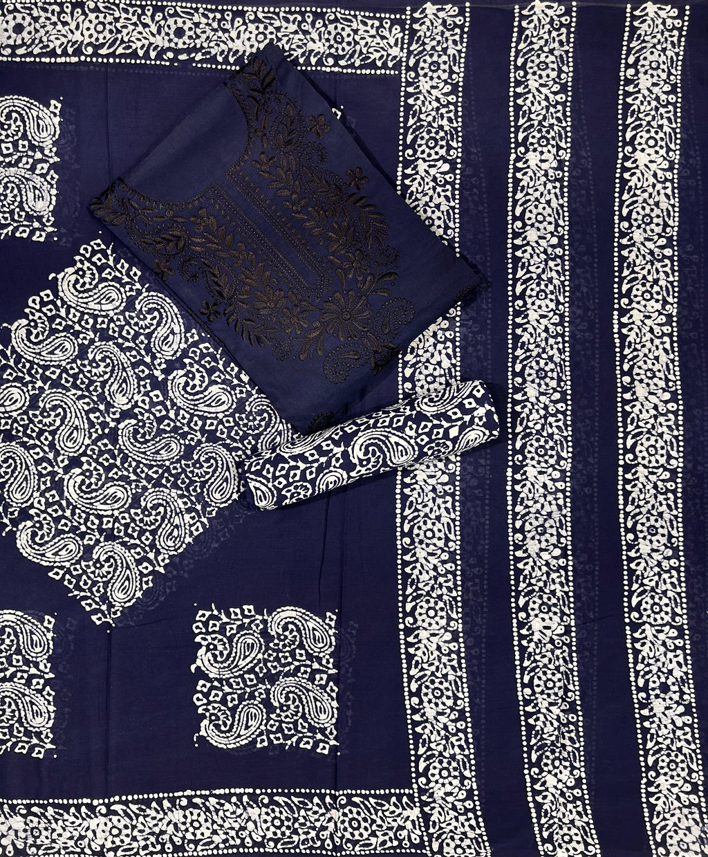 Bombay Batik Pure Cotton Dress Material Fusion Handblock Batik & Chikankari-Inspired Work – Navy Blue Batik