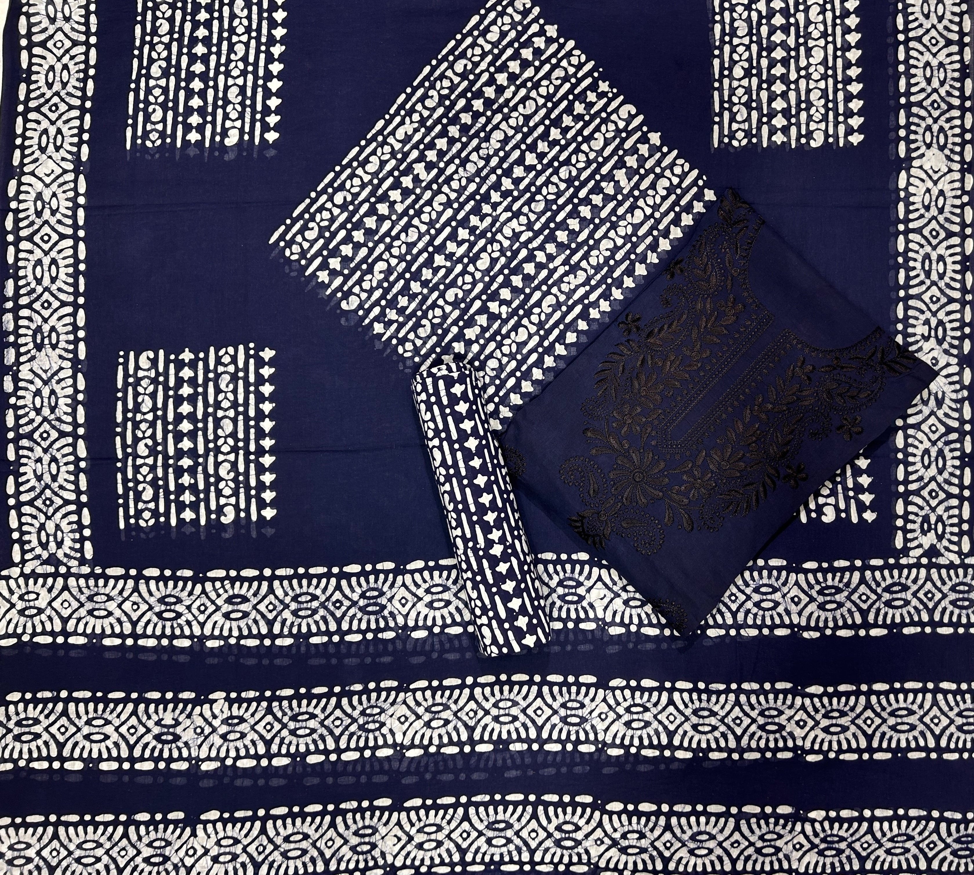 Bombay Batik Pure Cotton Dress Material Batik with Lucknowi-Inspired Embroidery Motifs – Navy Blue Batik