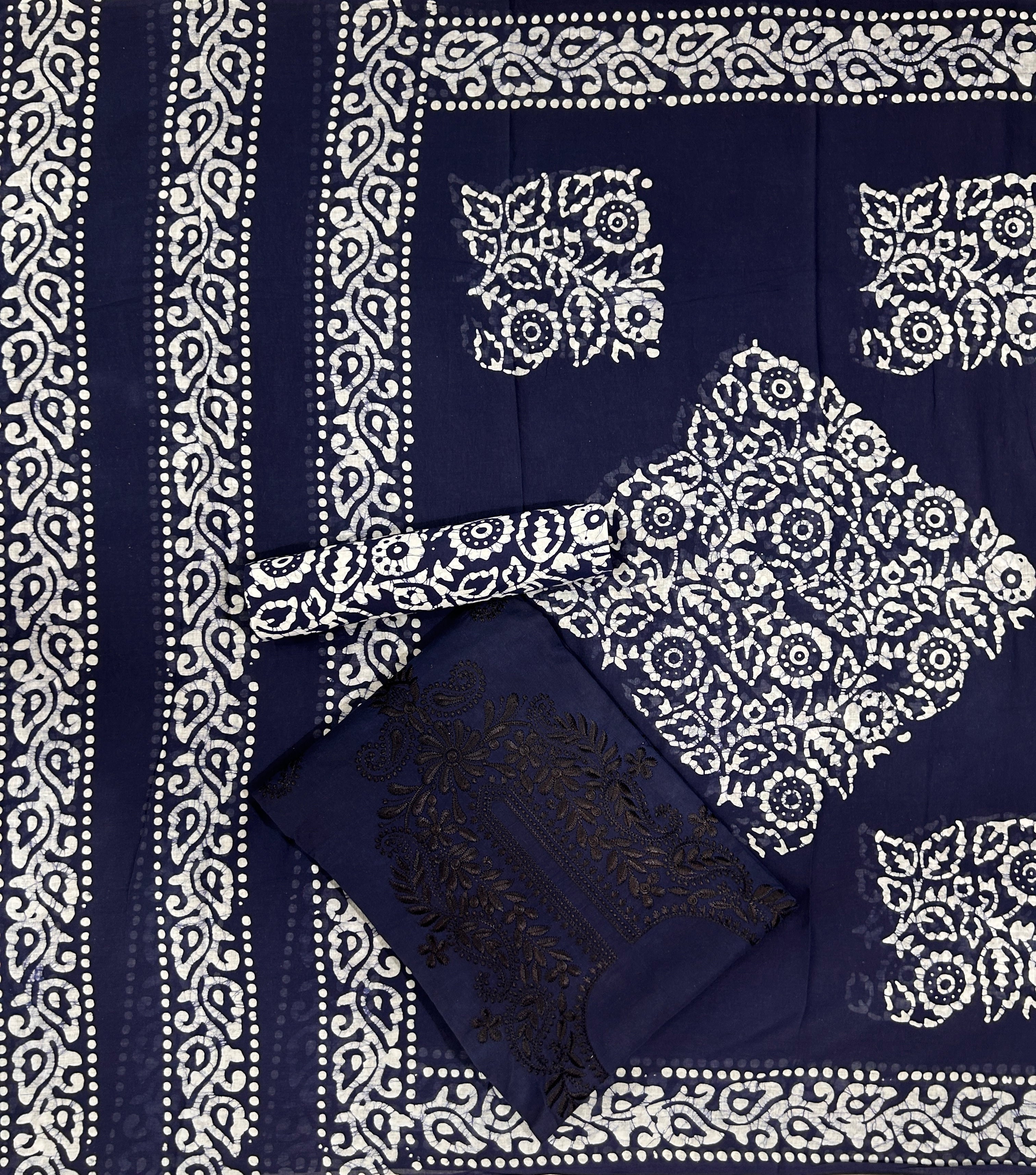 Bombay Batik Pure Cotton Dress Material Fusion Handblock Batik & Chikankari-Inspired Work – Navy Blue Batik