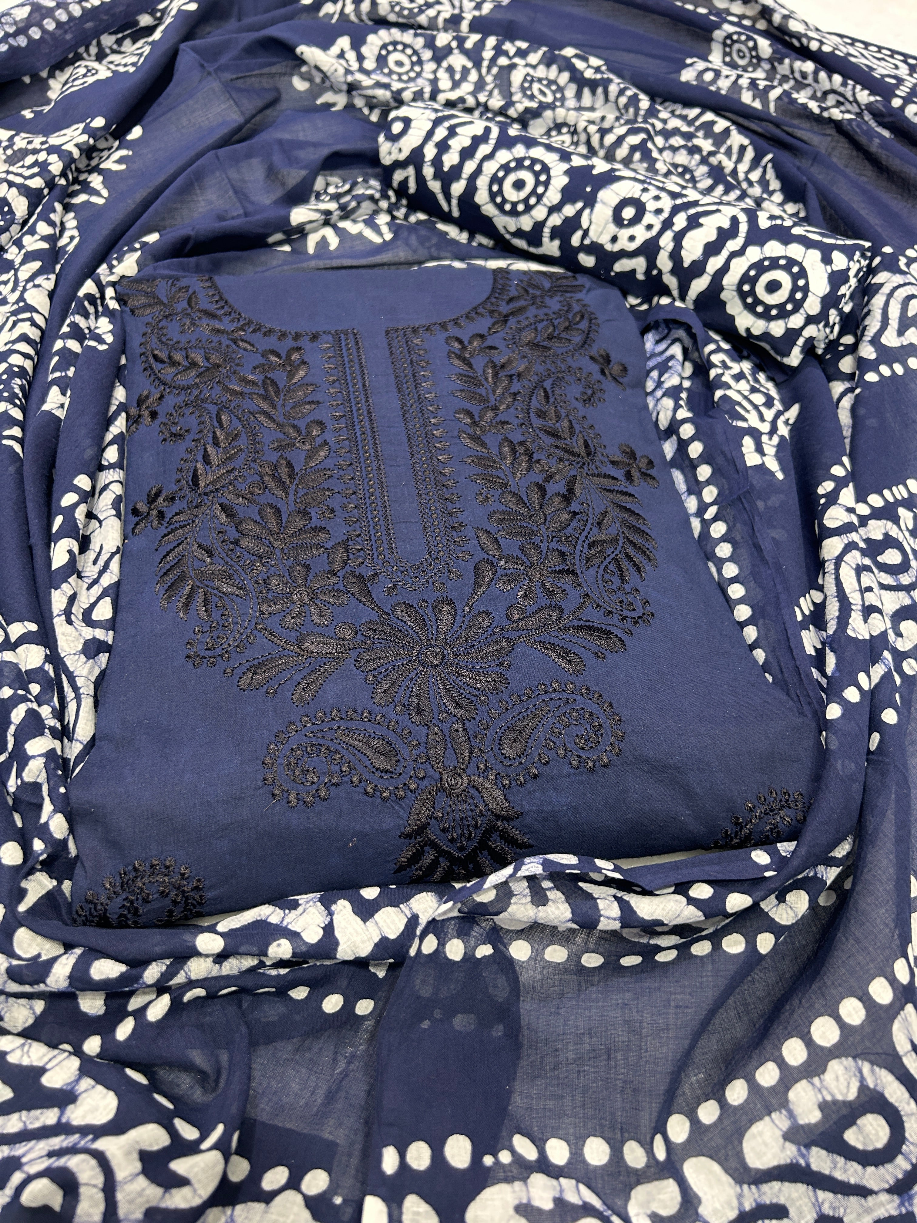 Bombay Batik Pure Cotton Dress Material Fusion Handblock Batik & Chikankari-Inspired Work – Navy Blue Batik
