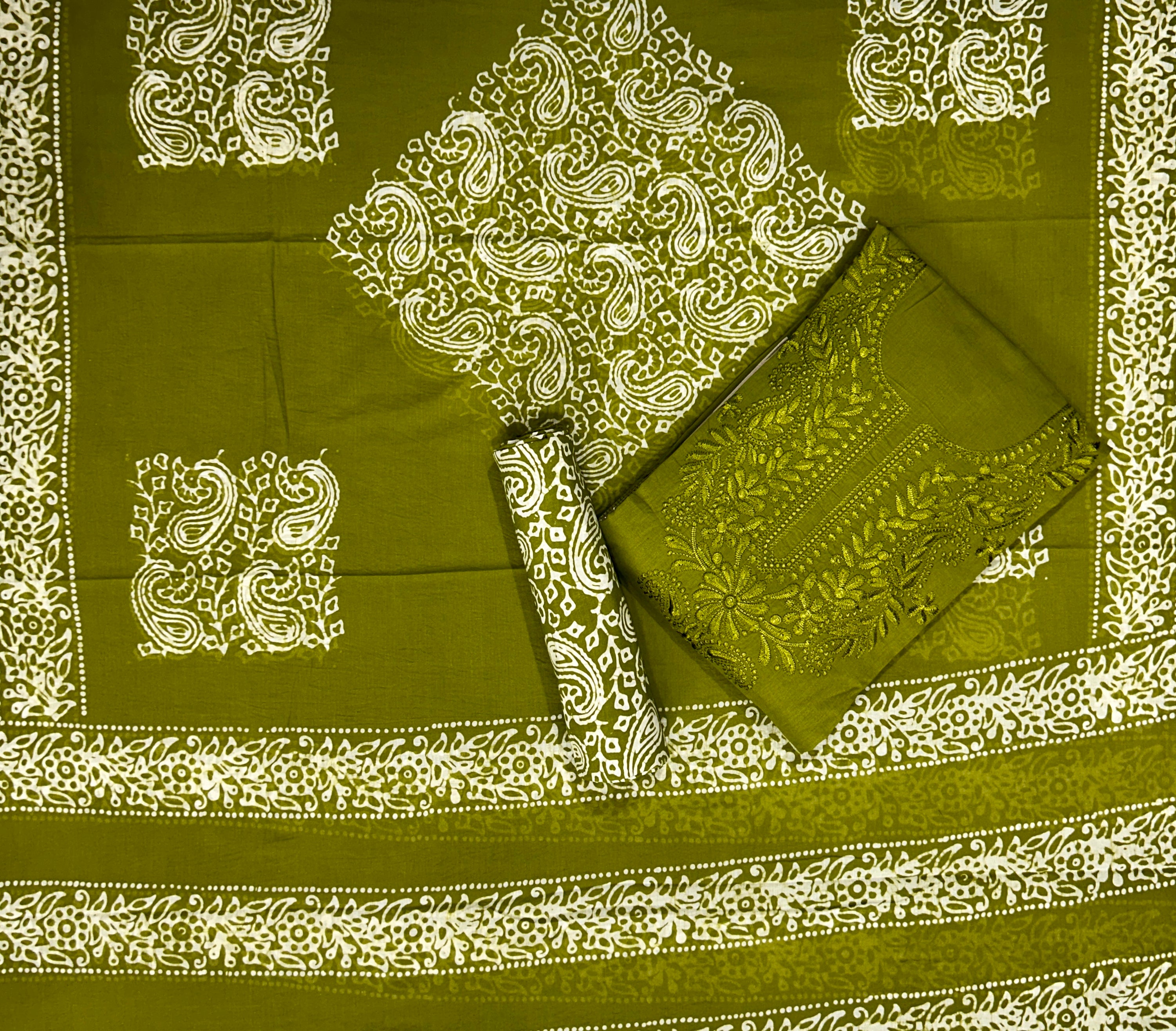 Bombay Batik Pure Cotton Dress Material Intricate Batik with Lucknowi Embroidery Feel – Mehndi Batik