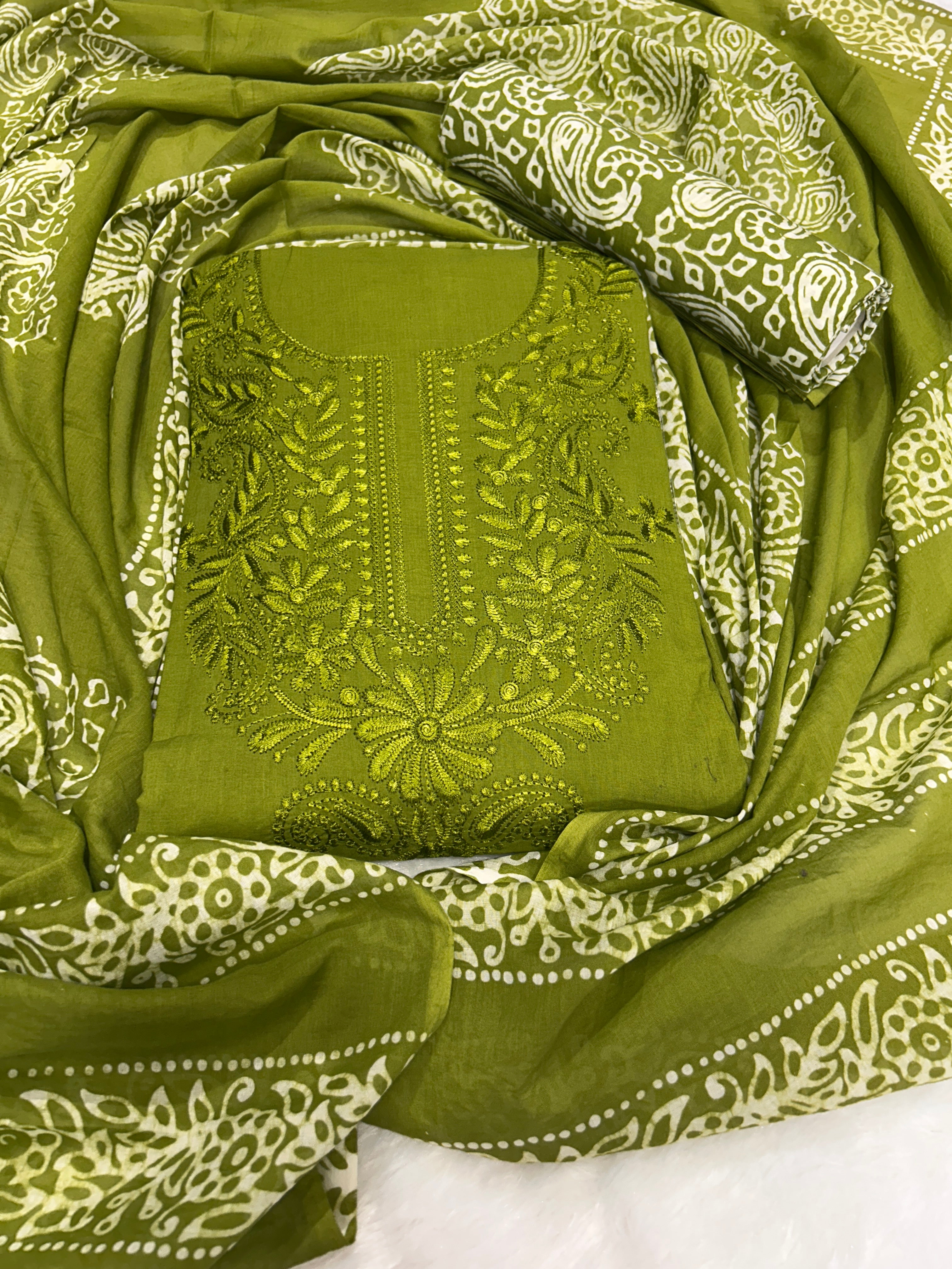Bombay Batik Pure Cotton Dress Material Intricate Batik with Lucknowi Embroidery Feel – Mehndi Batik
