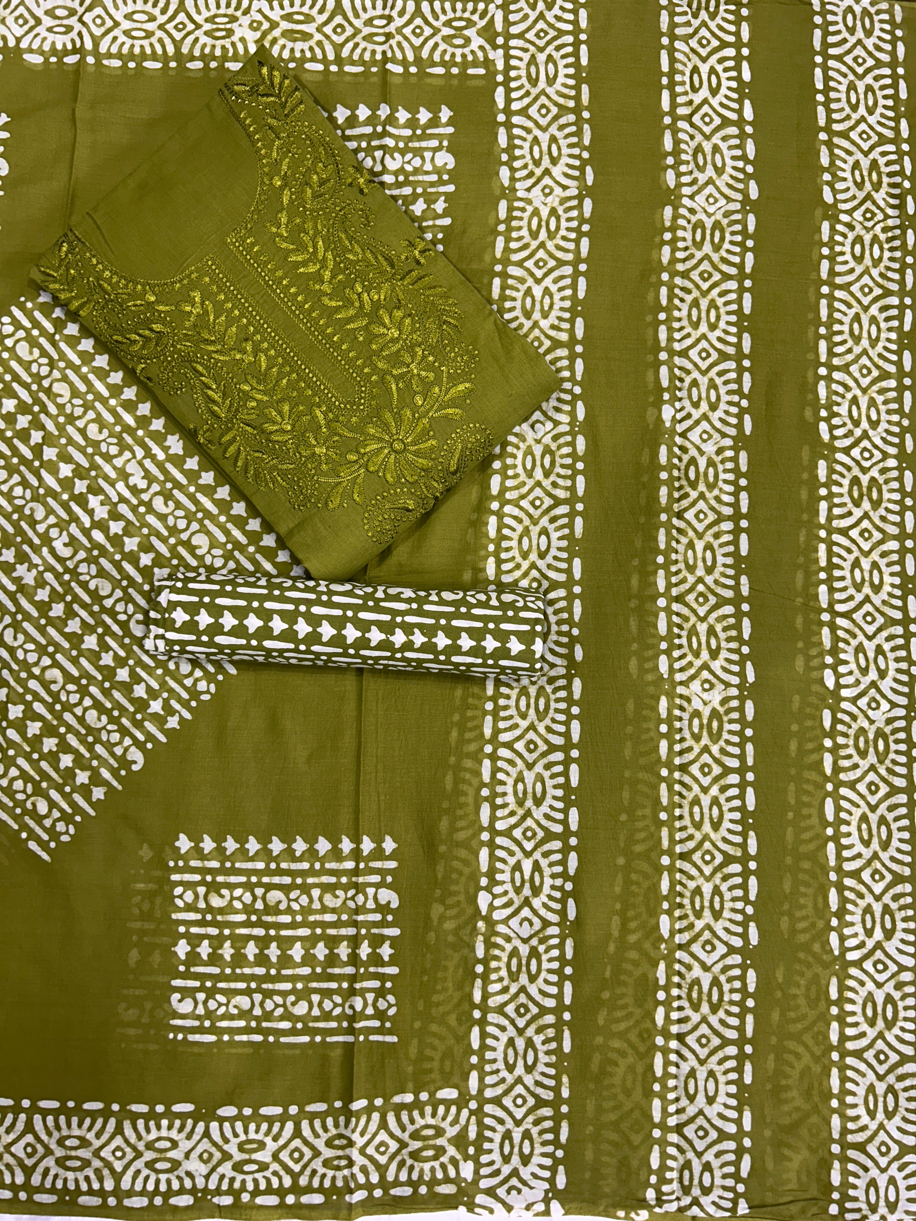 Bombay Batik Pure Cotton Dress Material Fusion Batik Printing with Lucknowi Work – Mehndi Batik