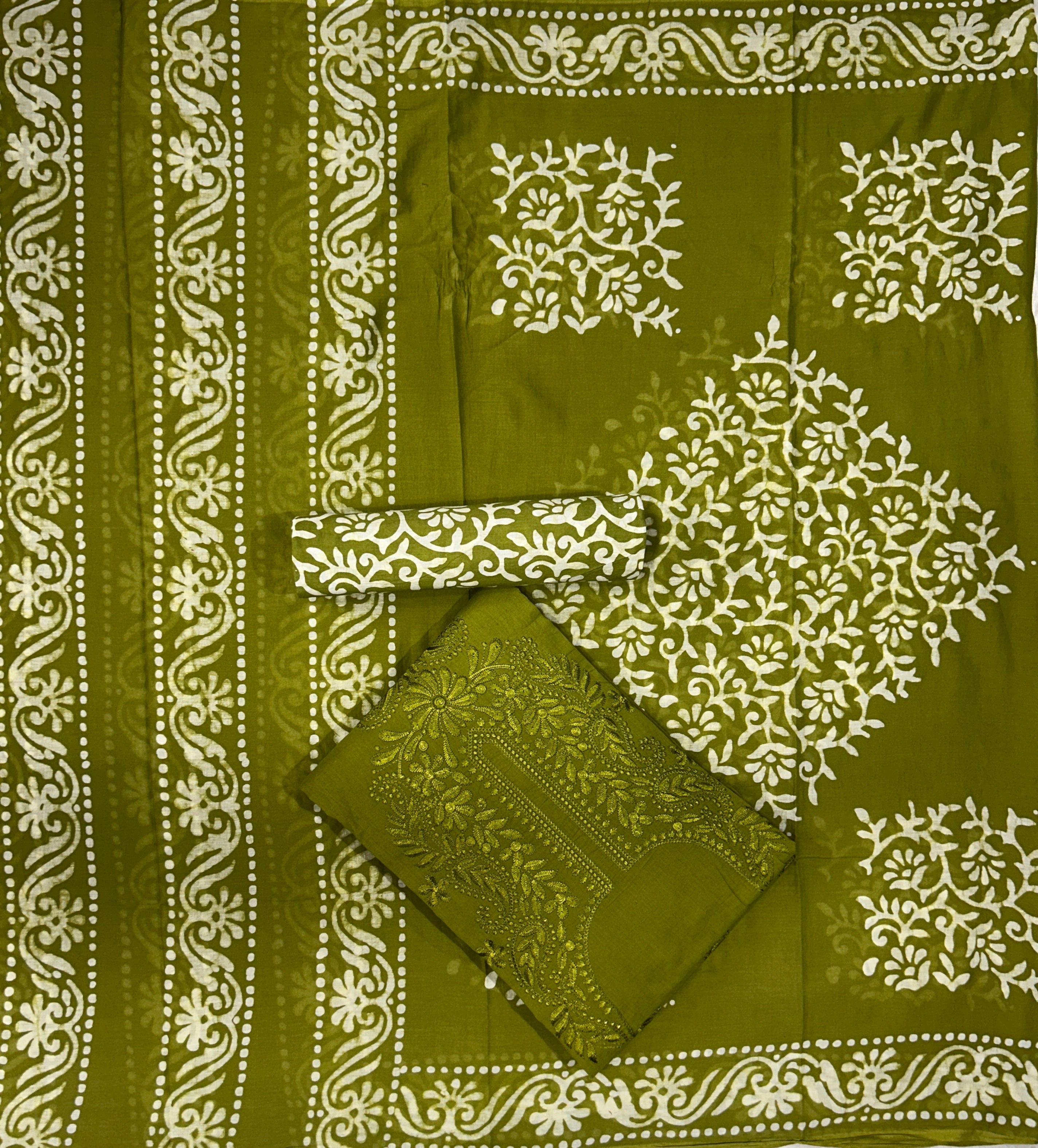 Bombay Batik Pure Cotton Dress Material Handcrafted Batik in Chikankari Style – Mehndi Batik