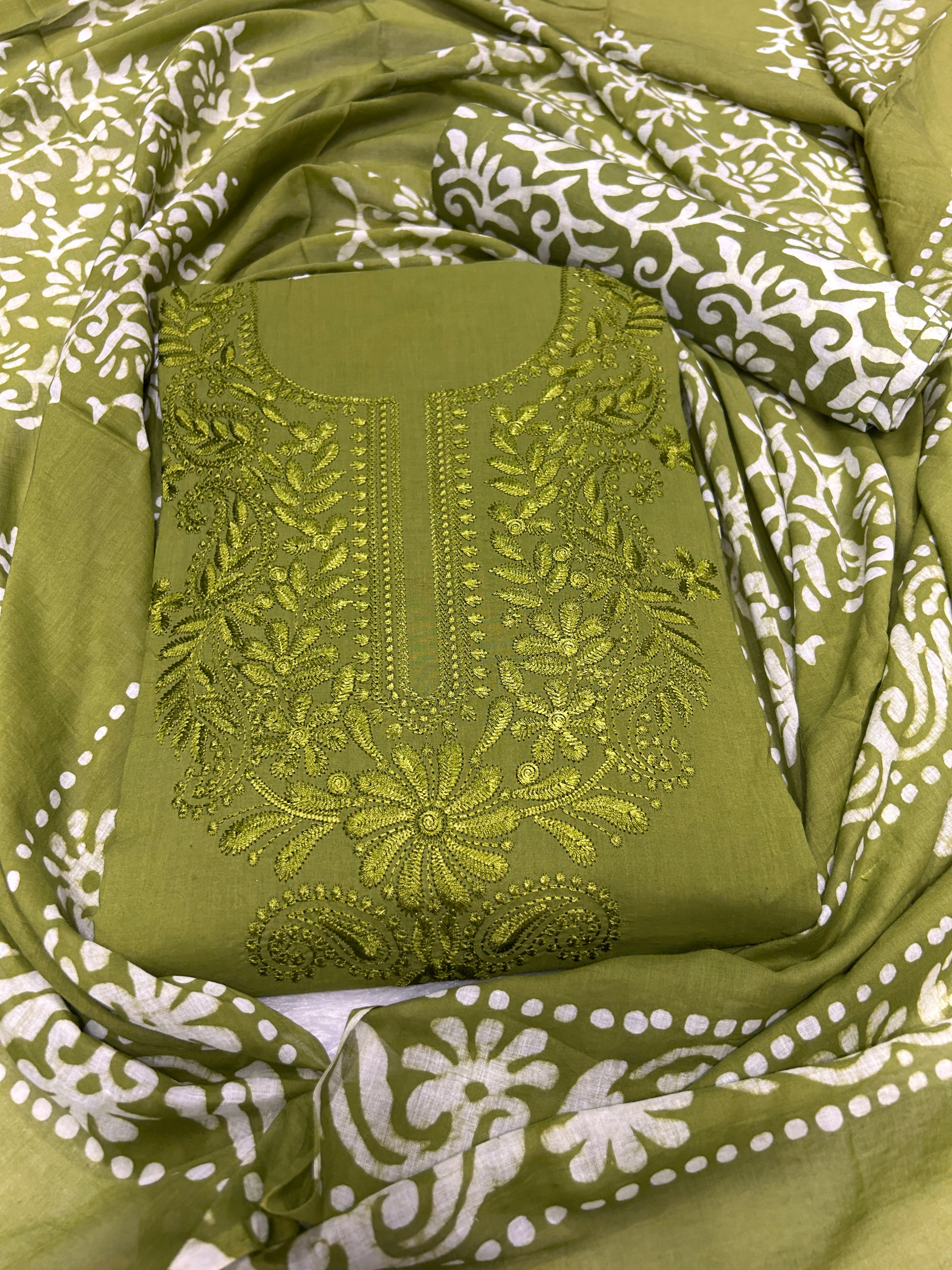 Bombay Batik Pure Cotton Dress Material Fusion Batik Printing with Lucknowi Work – Mehndi Batik