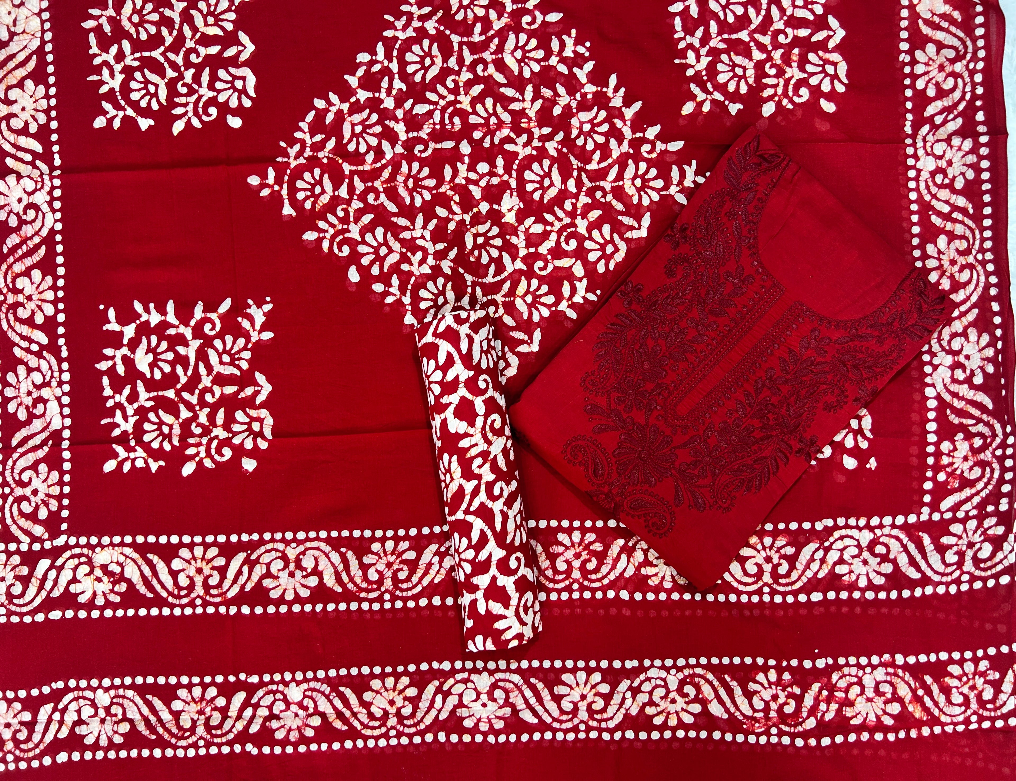 Bombay Batik Pure Cotton Dress Material Heritage Batik-Lucknowi Craft Fusion – Red   Batik