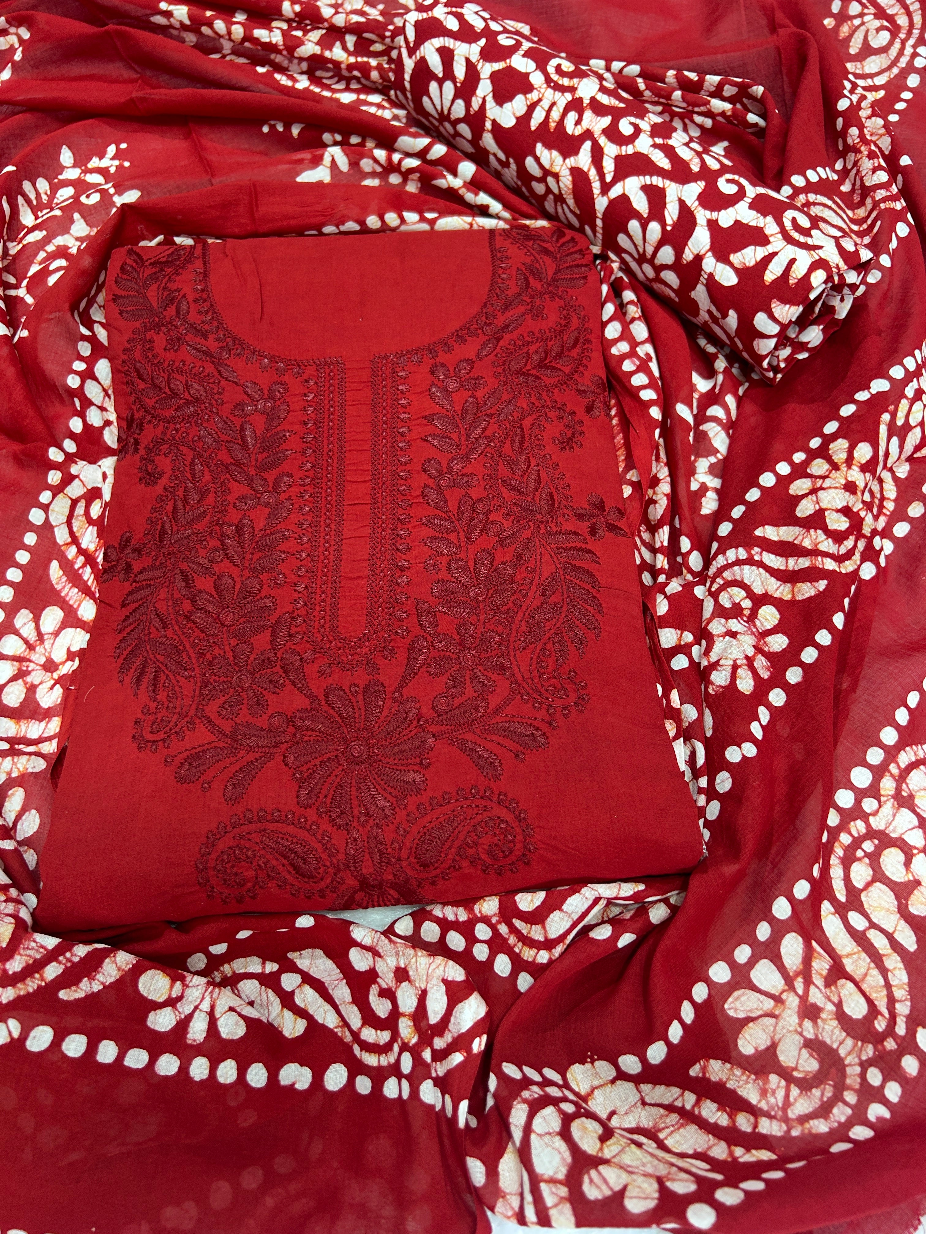Bombay Batik Pure Cotton Dress Material Heritage Batik-Lucknowi Craft Fusion – Red   Batik