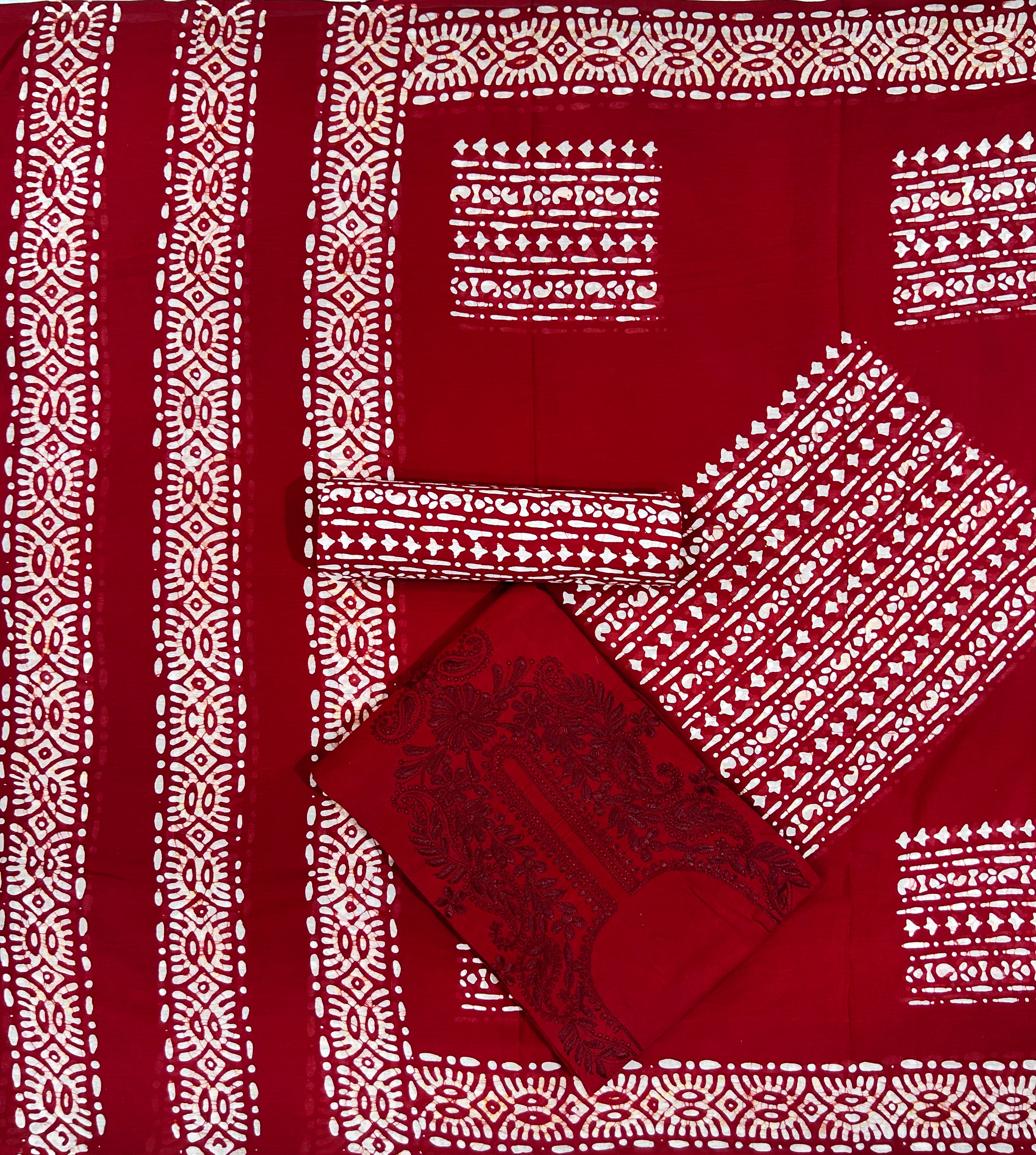 Bombay Batik Pure Cotton Dress Material Handblock Printed Lucknowi Batik – Red   Batik