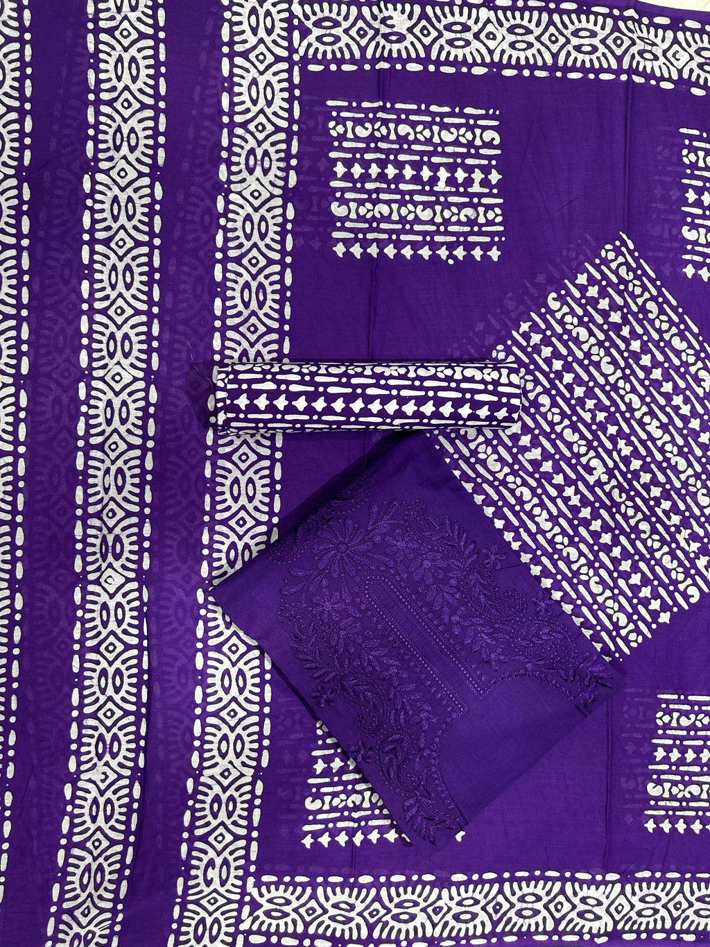 Bombay Batik Pure Cotton Dress Material Lucknowi Pattern Batik Printing – Purple Batik